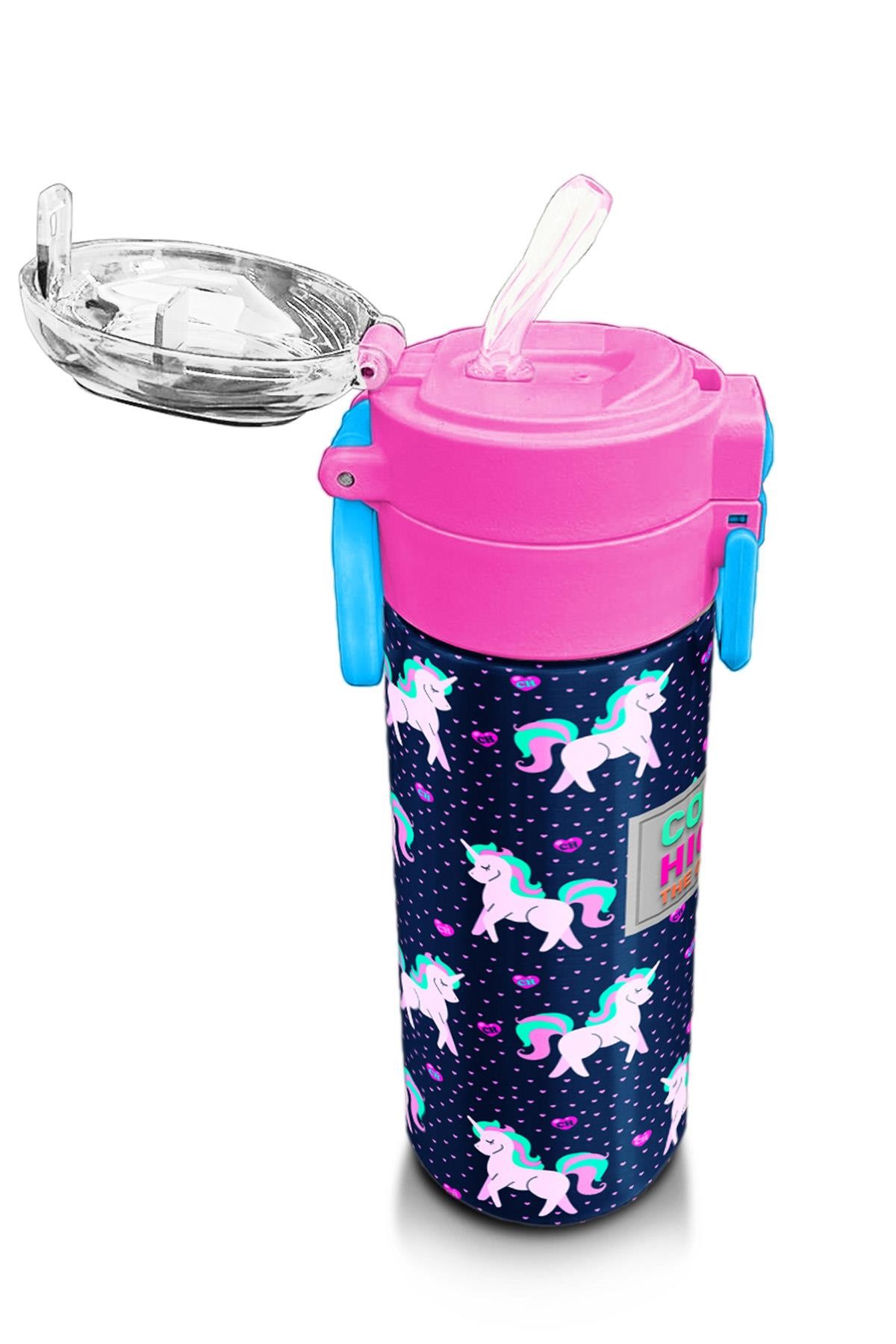 Coral High Kids Lacivert Pembe Unicorn Desenli Pipetli ve Direkt İçim Çelik Termos 500 ml 31915