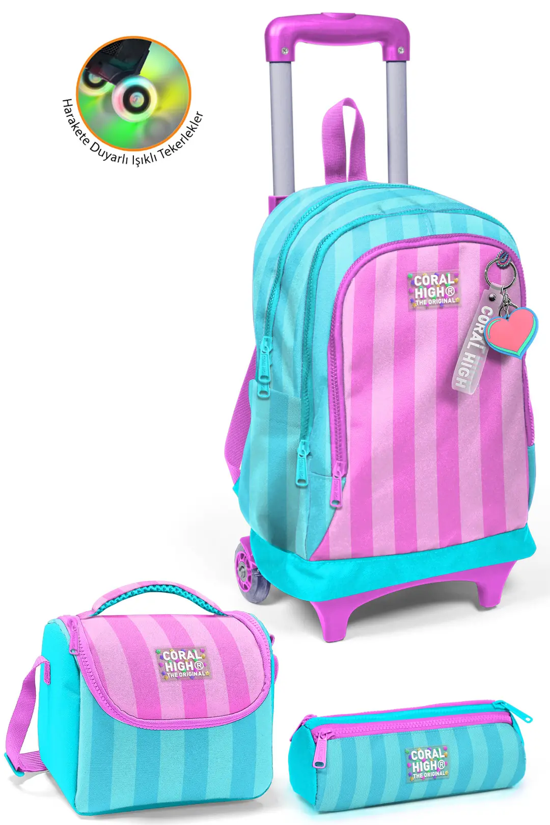 Coral High Kids Turkuaz Pembe Çizgili 3'lü Okul Çanta Seti