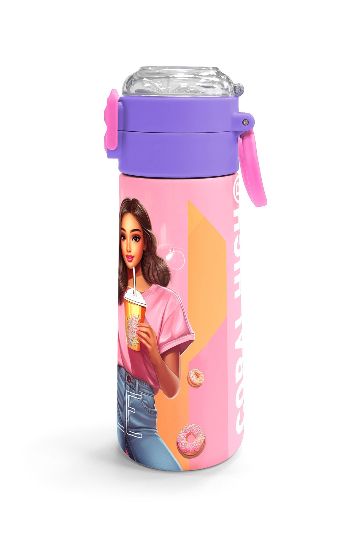 Coral High Kids Pembe Mercan Fashion Girl Desenli Pipetli ve Direkt İçim Çelik Termos 500 ml 31869