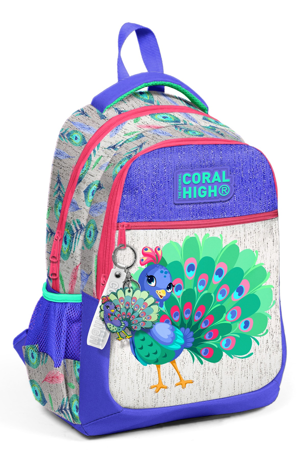 Coral High Kids Gümüş Lavanta Tavus Kuşu Desenli Üç Bölmeli Okul Sırt Çantası 23488