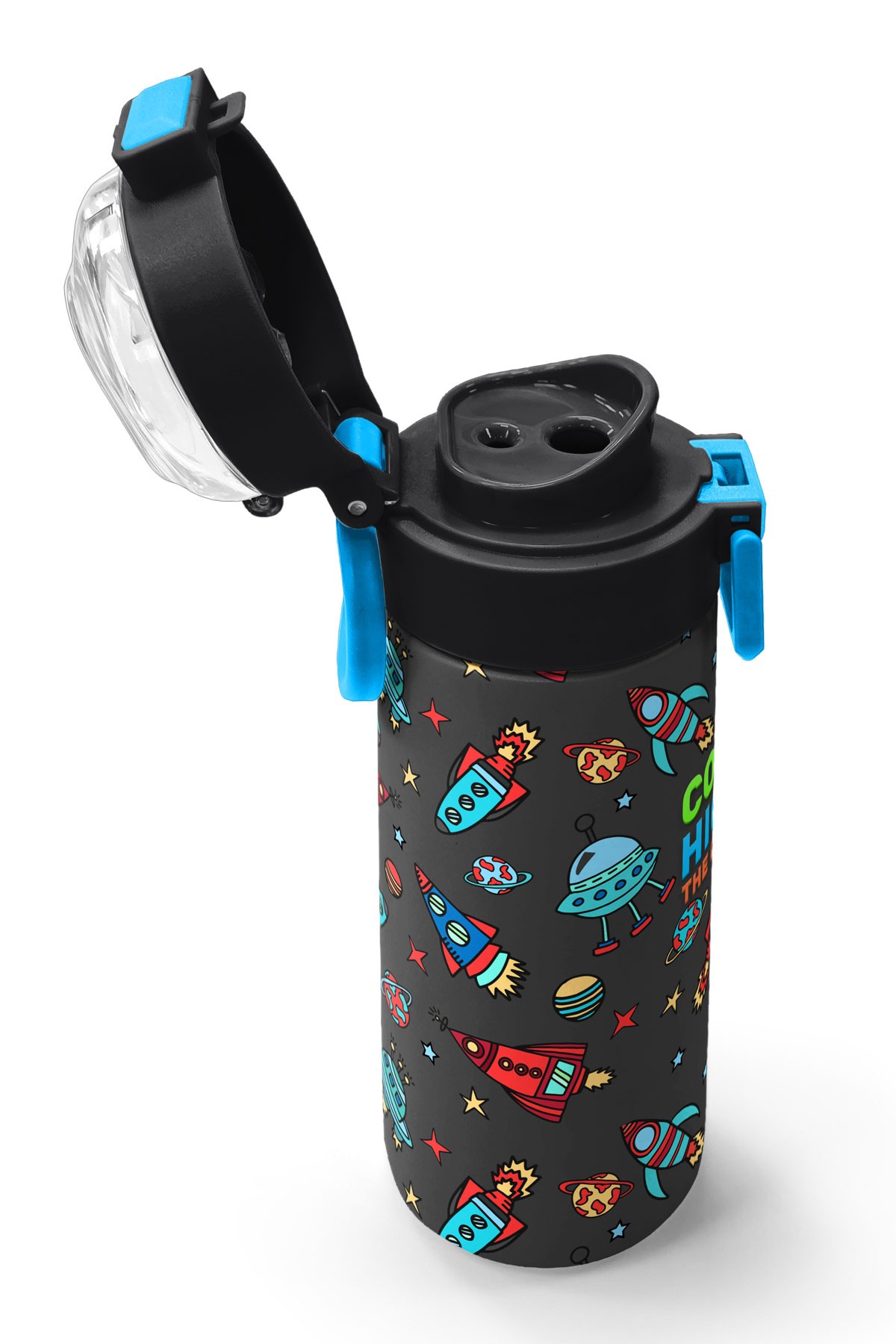 Coral High Kids Koyu Gri Kırmızı Uzay Desenli Pipetli ve Direkt İçim Çelik Termos 500 ml 31916