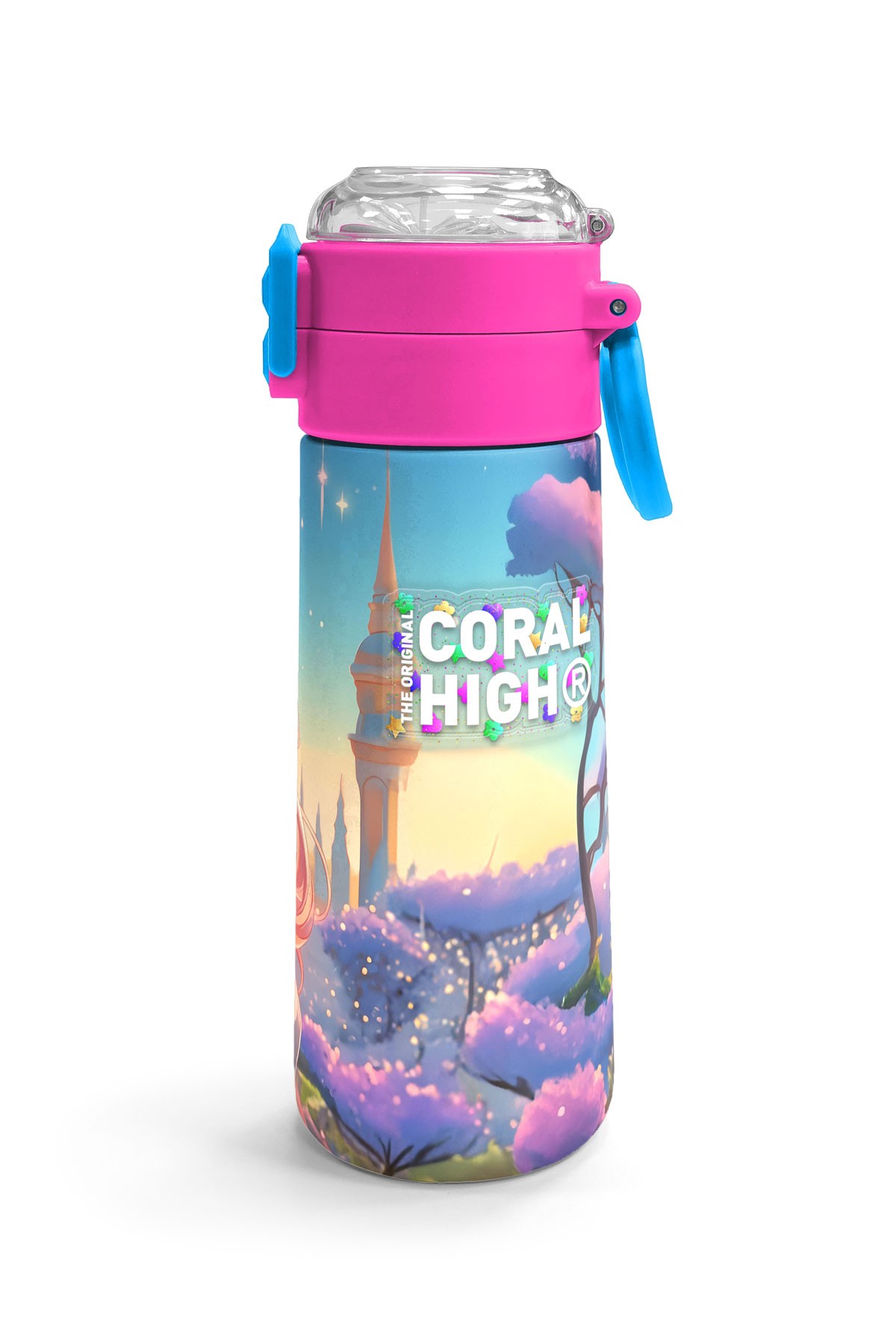 Coral High Kids Turkuaz Pembe Anime Kız Desenli Pipetli ve Direkt İçim Çelik Termos 500 ml 31858