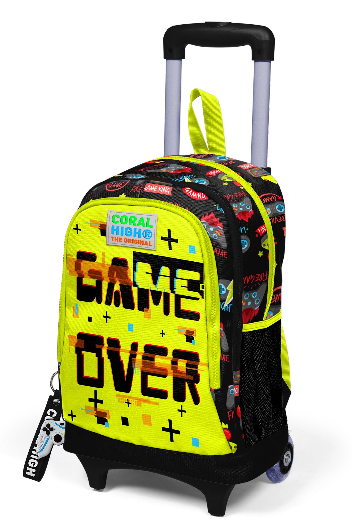 Coral High Kids Siyah Neon Sarı Game Over Desenli Üç Bölmeli Çekçekli Okul Sırt Çantası 23928