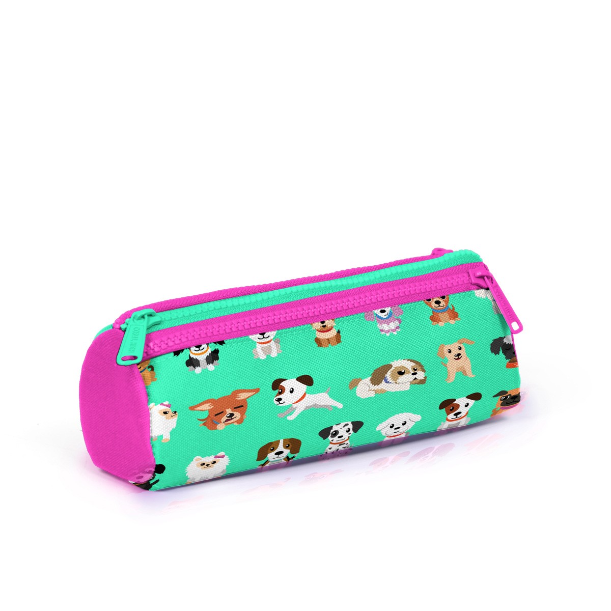 Coral High Kids Su Yeşili Neon Pembe Köpek Desenli Üç Bölmeli Kalem Çantası 22306