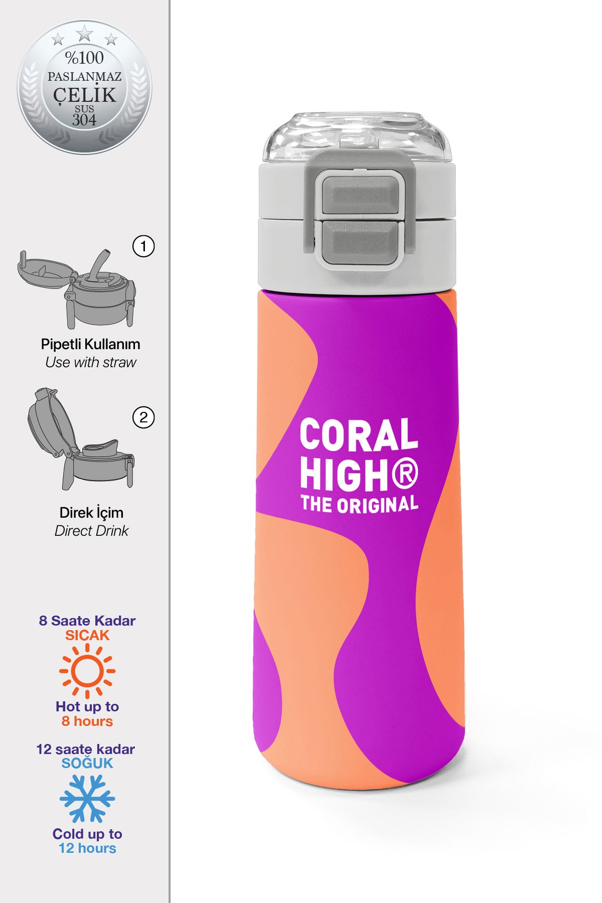 Coral High Kids Koyu Pembe Turuncu Desenli Pipetli ve Direkt İçim Çelik Termos 500 ml 31884