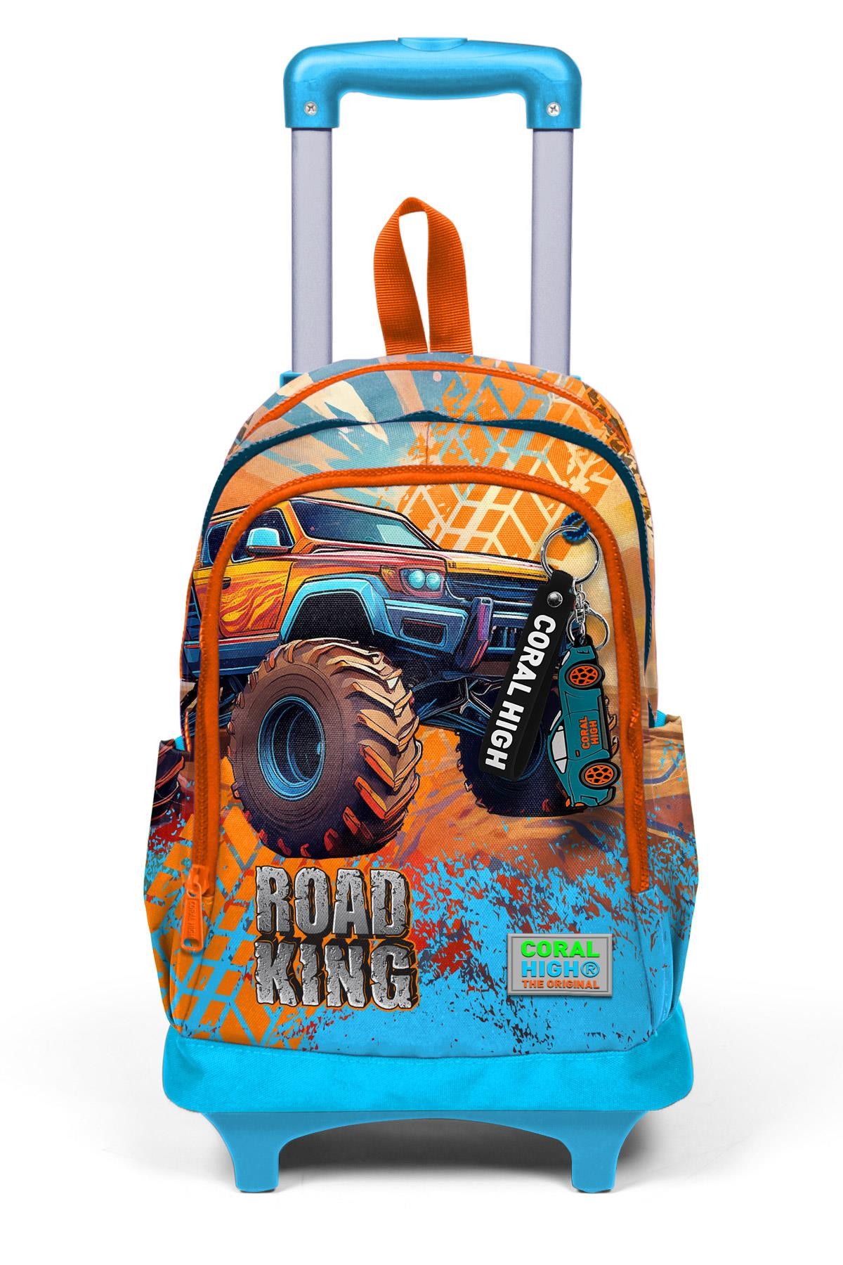 Coral High Kids Mavi Turuncu High Wheels Truck Desenli Üç Bölmeli Çekçekli Okul Sırt Çantası 23978