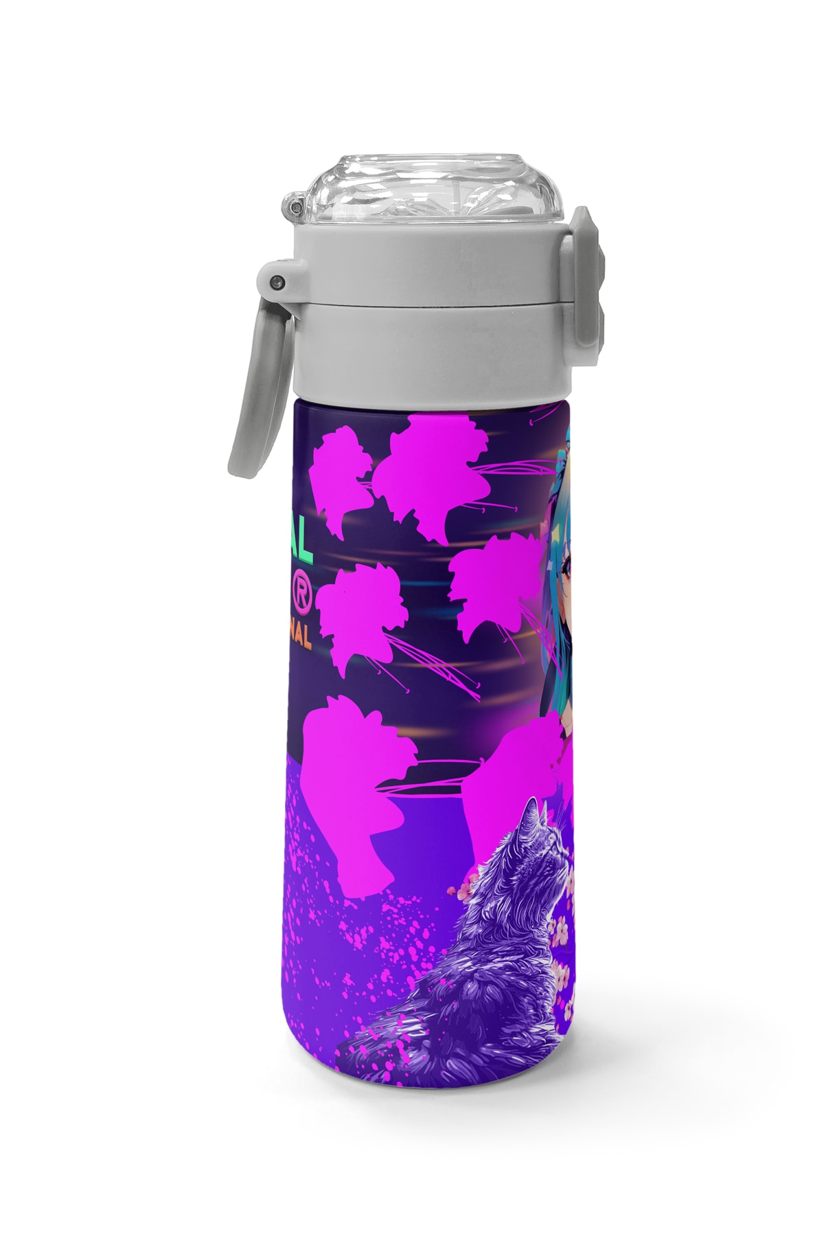 Coral High Kids Mor Pembe Anime Kedi Desenli Pipetli ve Direkt İçim Çelik Termos 500 ml 31954