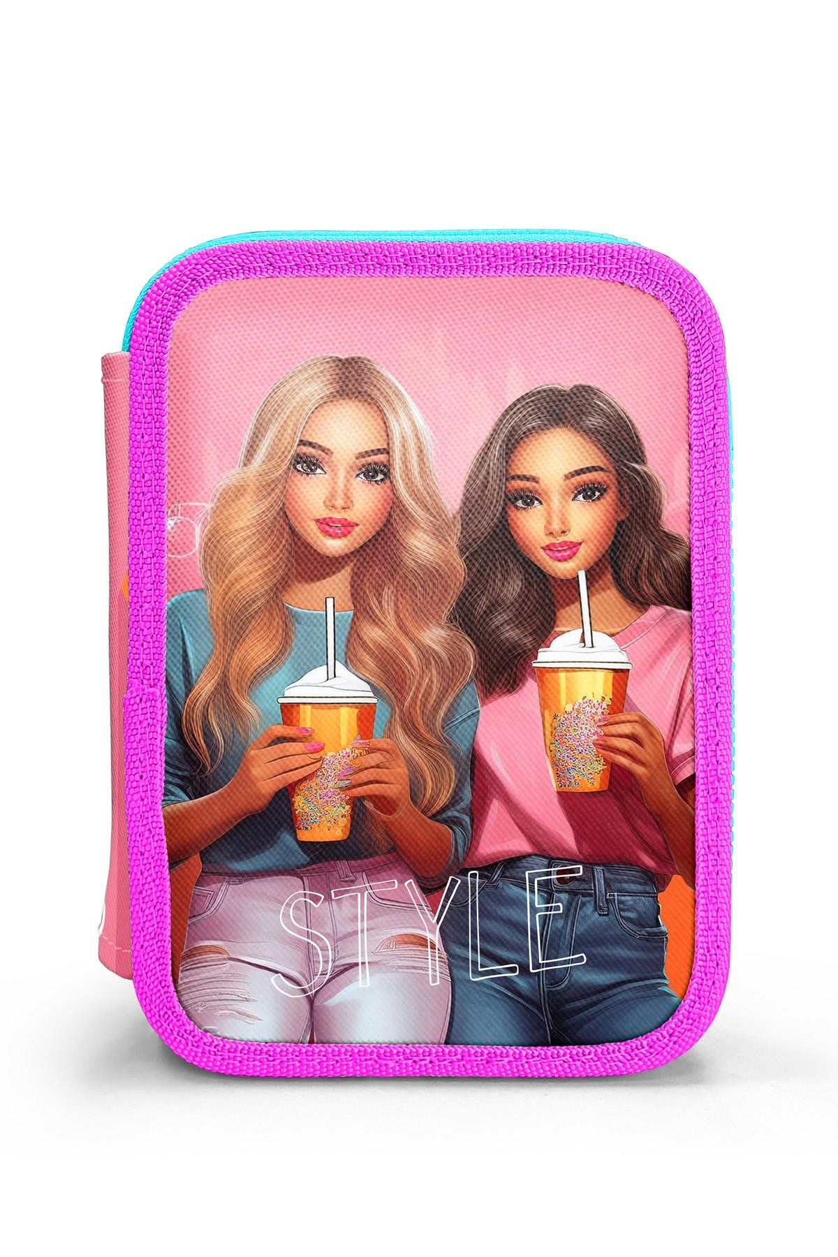 Coral High Kids Pembe Neon Mercan Fashion Girl Desenli Çift Katlı Kalem Çanta 11141 