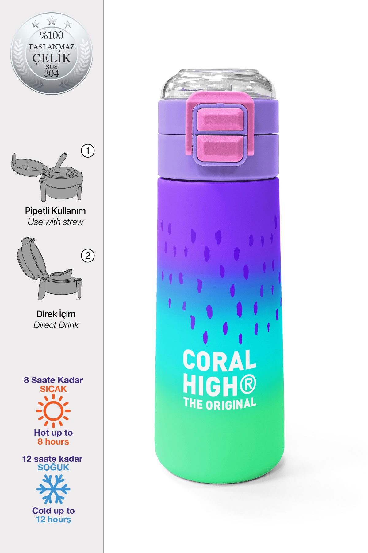 Coral High Kids Mor Lila Renk Geçişli Pipetli ve Direkt İçim Çelik Termos 500 ml 31850