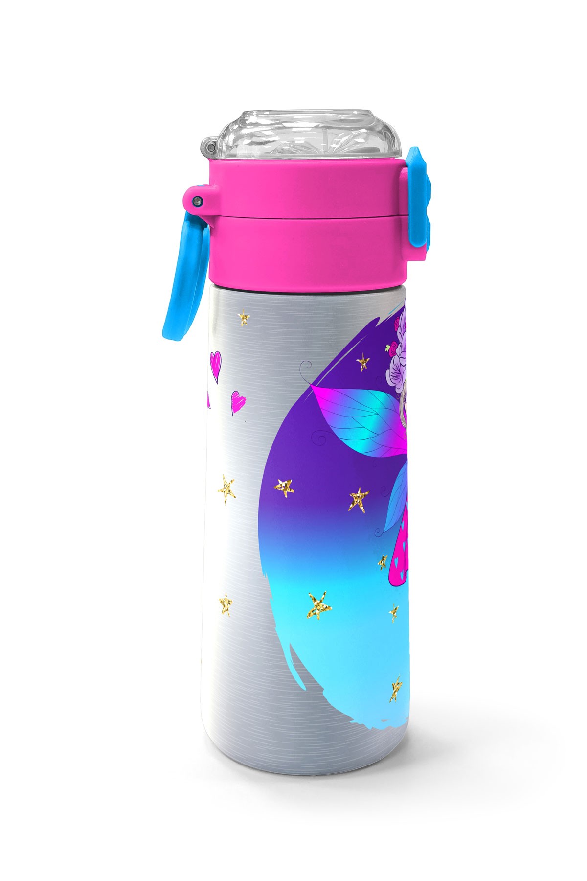 Coral High Kids Pembe Mavi Peri Desenli Pipetli ve Direkt İçim Çelik Termos 500 ml 31803