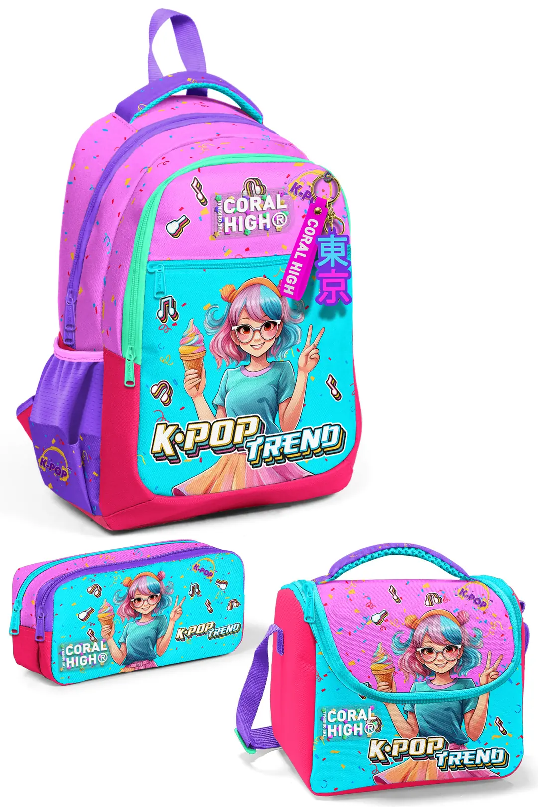Coral High Kids Pembe Turkuaz K-Pop Desenli 3'lü Okul Çanta