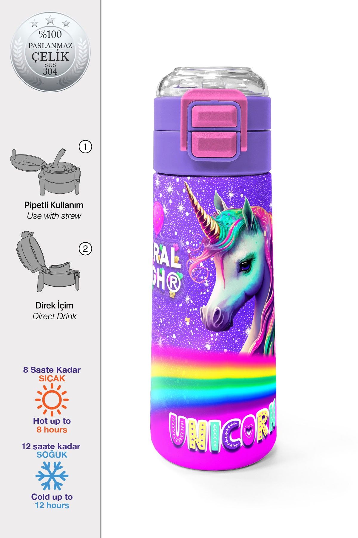 Coral High Kids Mor Unicorn Desenli Pipetli ve Direkt İçim Çelik Termos 500 ml 31837