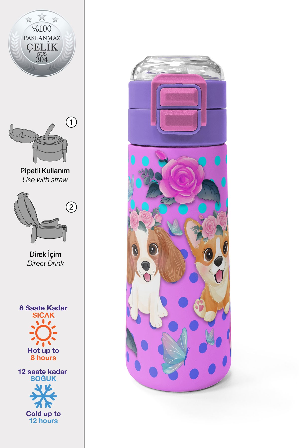 Coral High Kids Pembe Köpek Desenli Pipetli ve Direkt İçim Çelik Termos 500 ml 31951