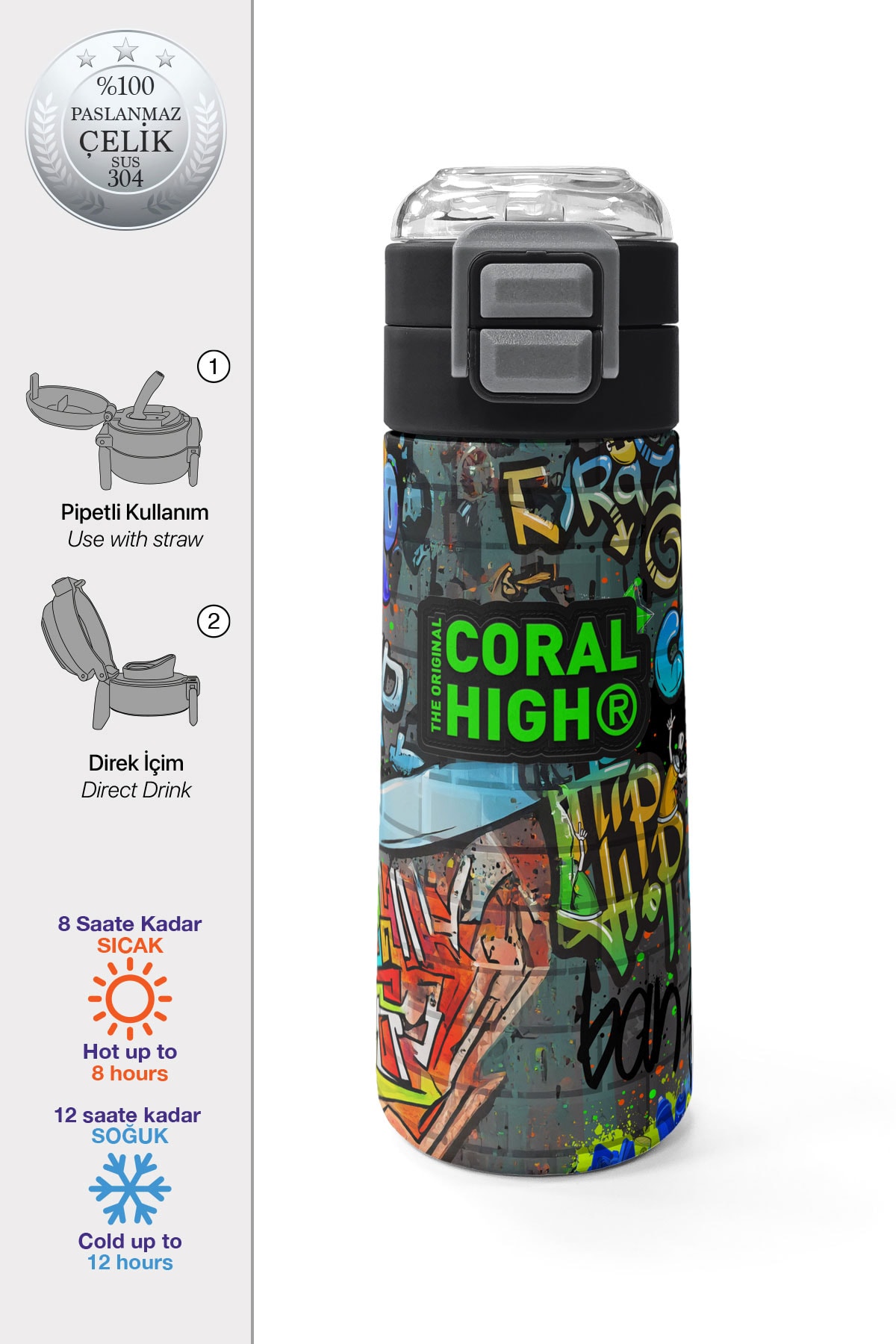 Coral High Kids Siyah Mavi Grafiti Desenli Pipetli ve Direkt İçim Çelik Termos 500 ml 31972