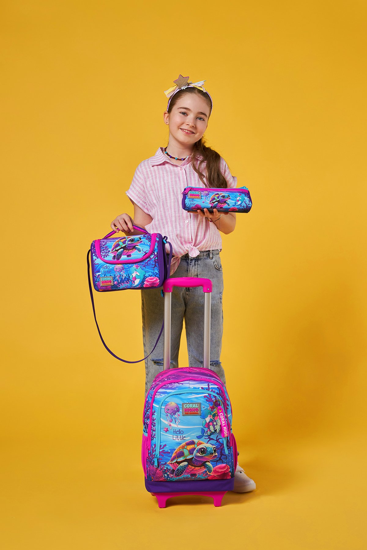 Coral High Kids Pembe Mor Kaplumbağa Desenli Üç Bölmeli Çekçekli 3'lü Çanta Seti SET0123956