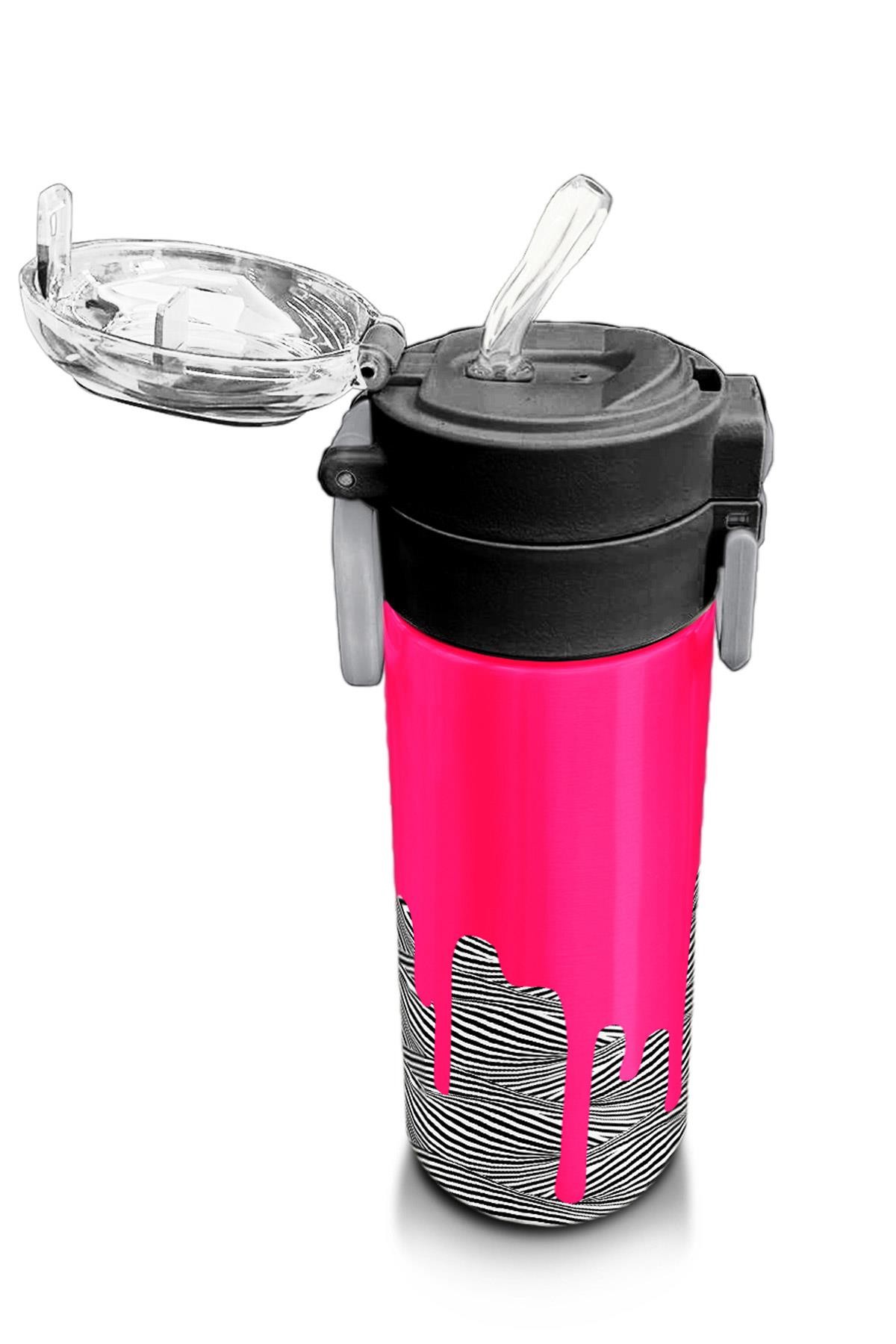 Coral High Kids Pembe Siyah Beyaz Desenli Pipetli ve Direkt İçim Çelik Termos 500 ml 31878