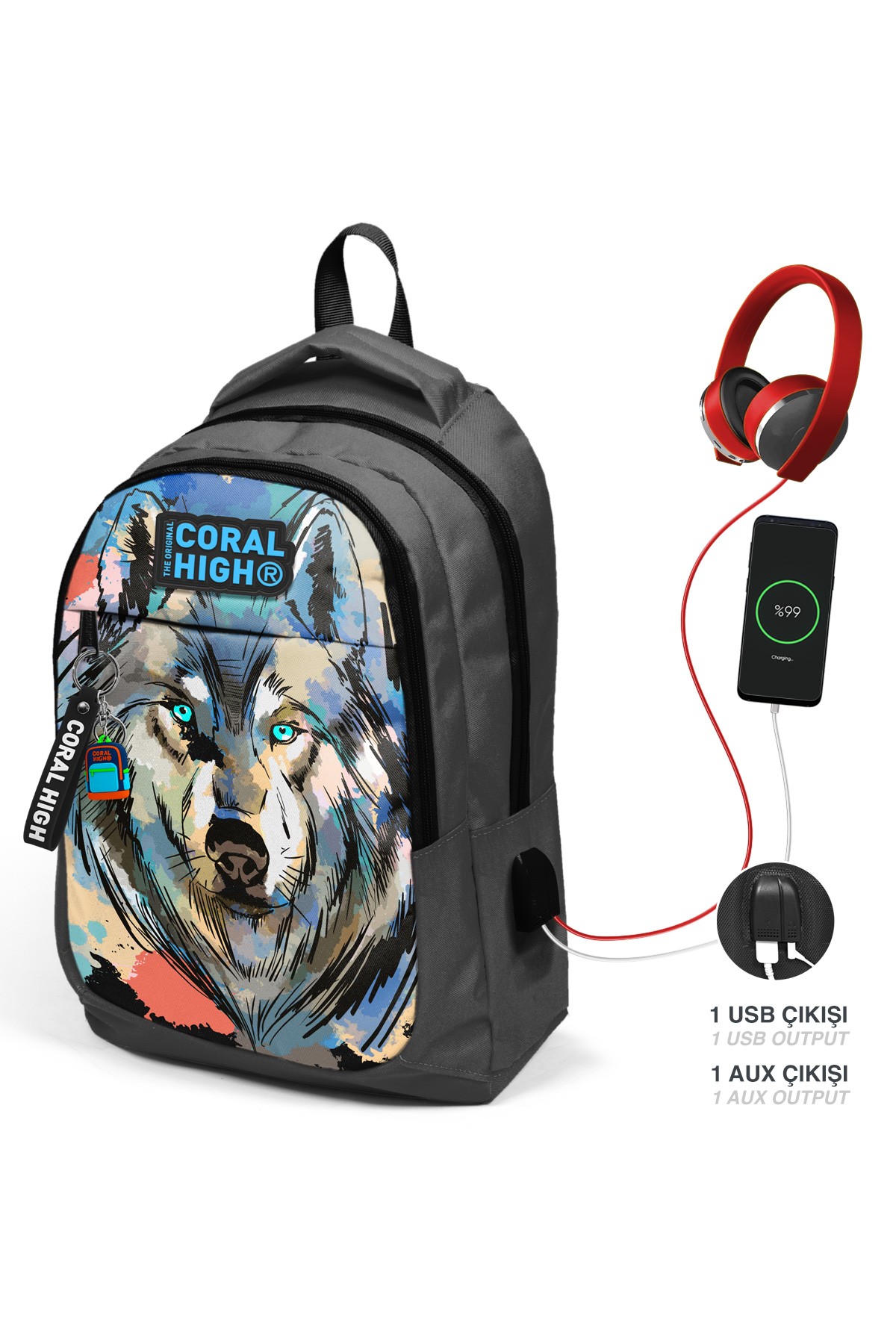 Coral High Kids Gri Siyah Kurt Desenli Üç Bölmeli USB'li Okul Sırt Çantası 24317