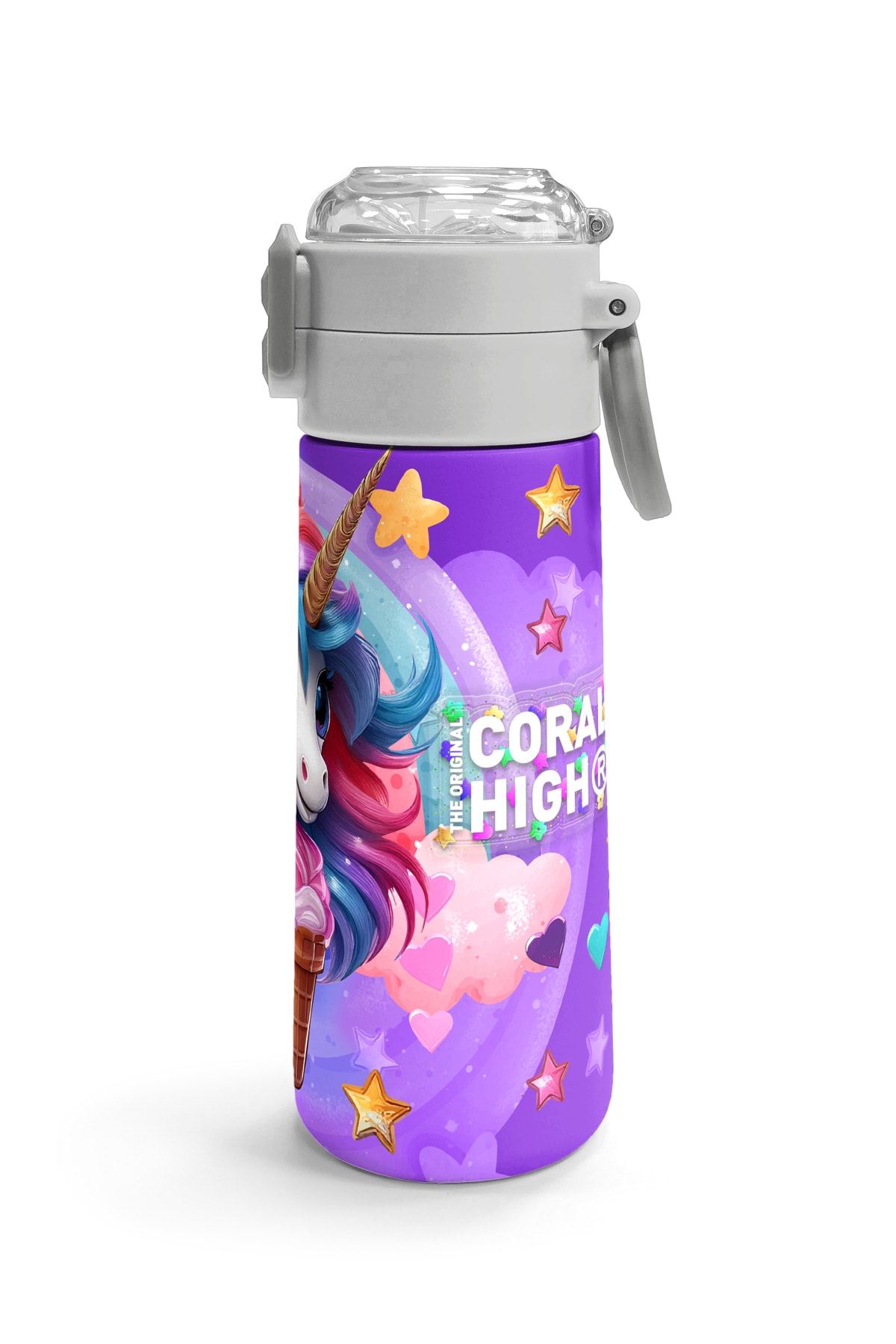 Coral High Kids Mor Pembe Unicorn Dondurma Desenli Pipetli ve Direkt İçim Çelik Termos 500 ml 31859