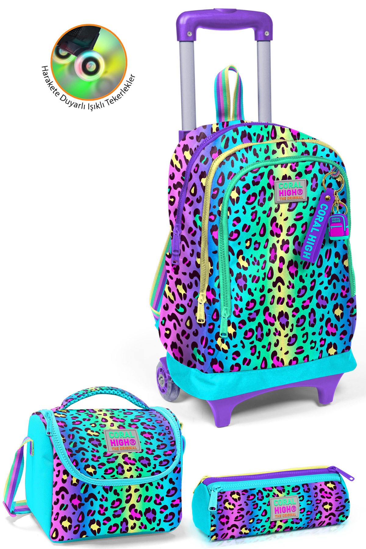Coral High Kids Renkli Leopar Desenli 3’lü Okul Çanta Seti SET0123969