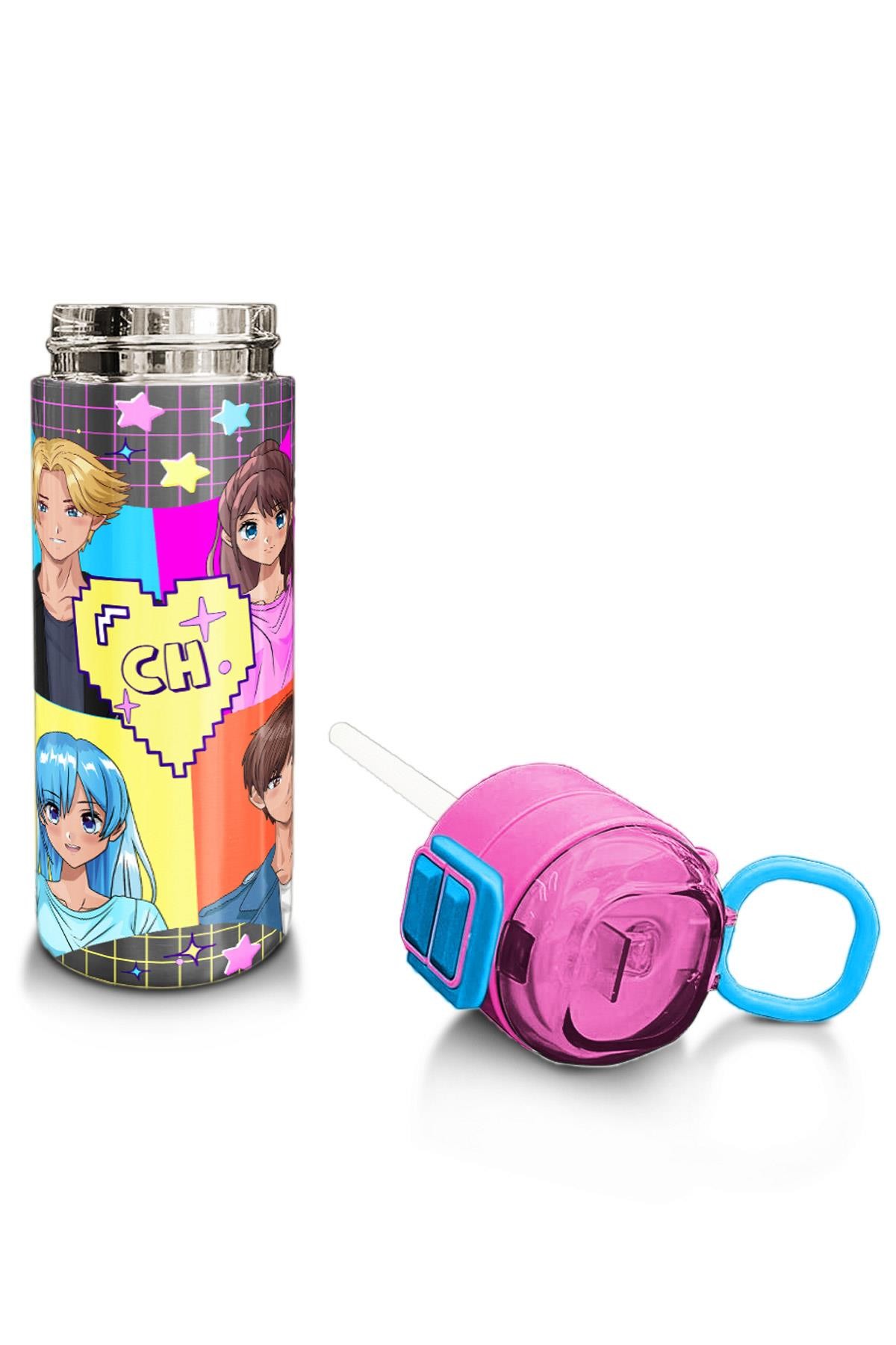 Coral High Kids Gri Mavi Pembe Anime Desenli Pipetli ve Direkt İçim Çelik Termos 500 ml 31943