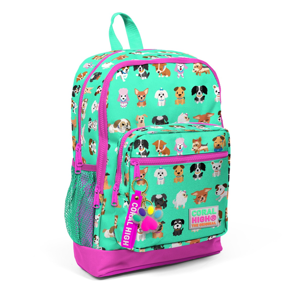 Coral High Kids Su Yeşili Neon Pembe Köpek Desenli Dört Bölmeli USB'li Okul Sırt Çantası 23266