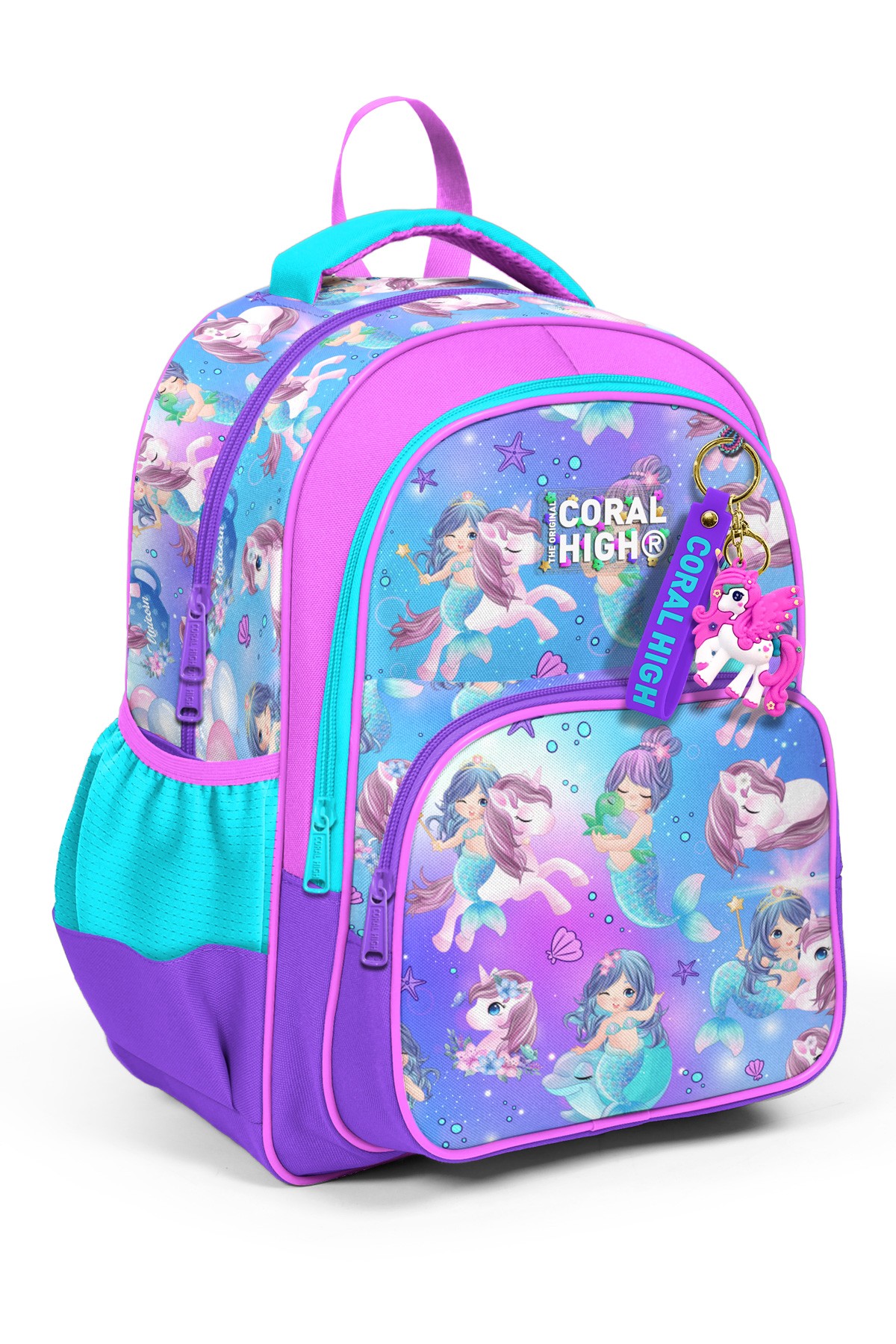 Coral High Kids Mor Pembe Unicorn Deniz Kızı Desenli Üç Bölmeli Okul Sırt Çantası 23657