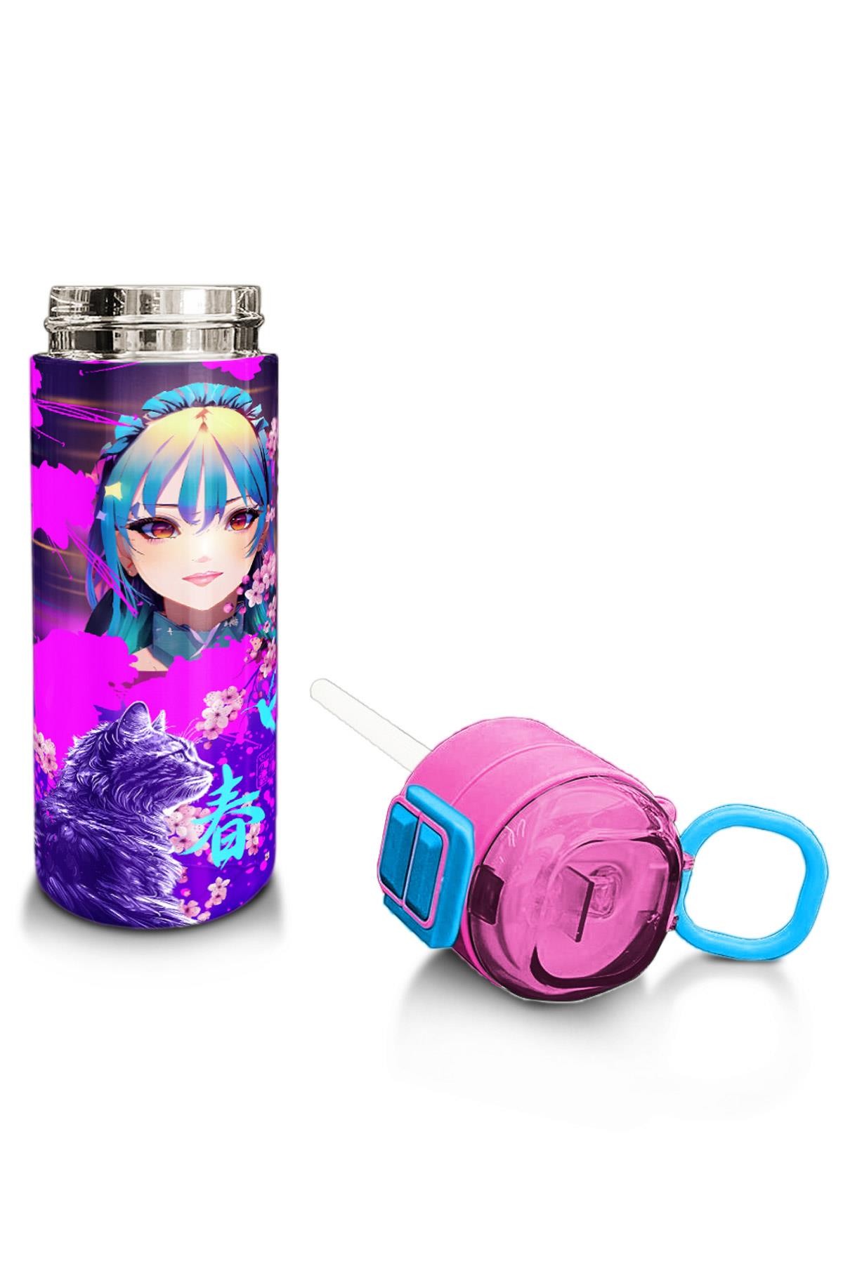 Coral High Kids Mor Pembe Anime Kedi Desenli Pipetli ve Direkt İçim Çelik Termos 500 ml 31954