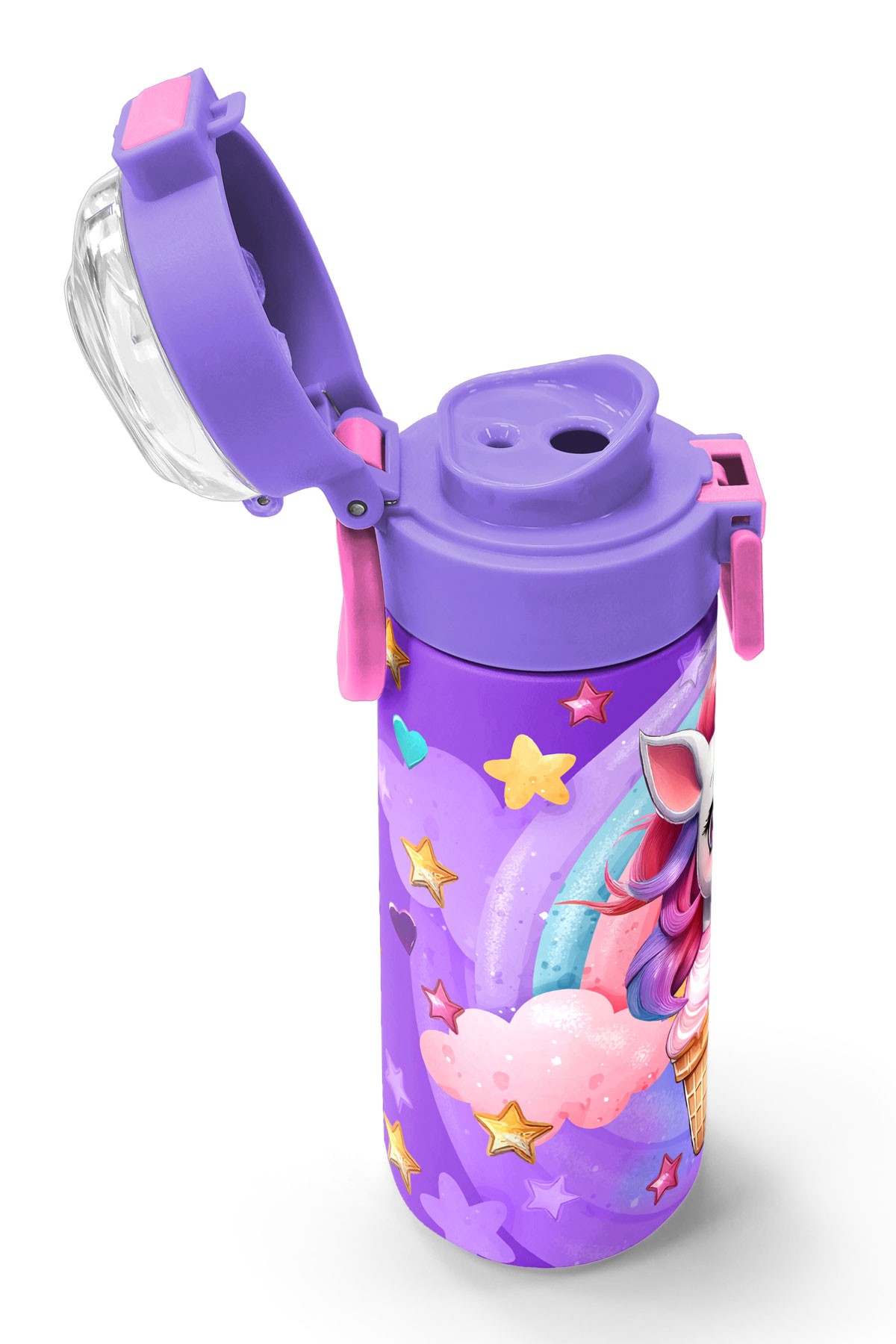 Coral High Kids Mor Pembe Unicorn Dondurma Desenli Pipetli ve Direkt İçim Çelik Termos 500 ml 31859