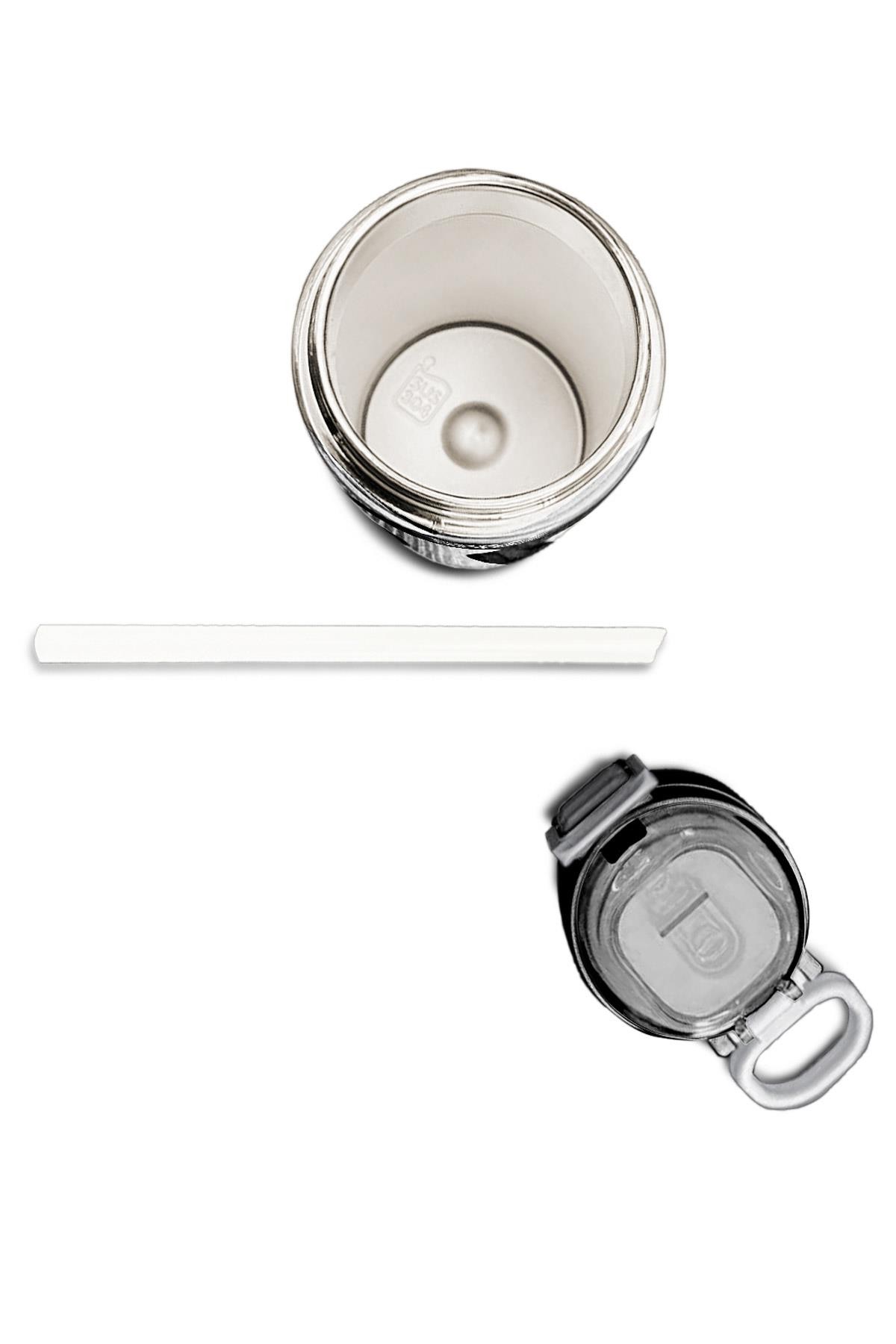 Coral High Kids Siyah Beyaz Desenli Pipetli ve Direkt İçim Çelik Termos 500 ml 31887