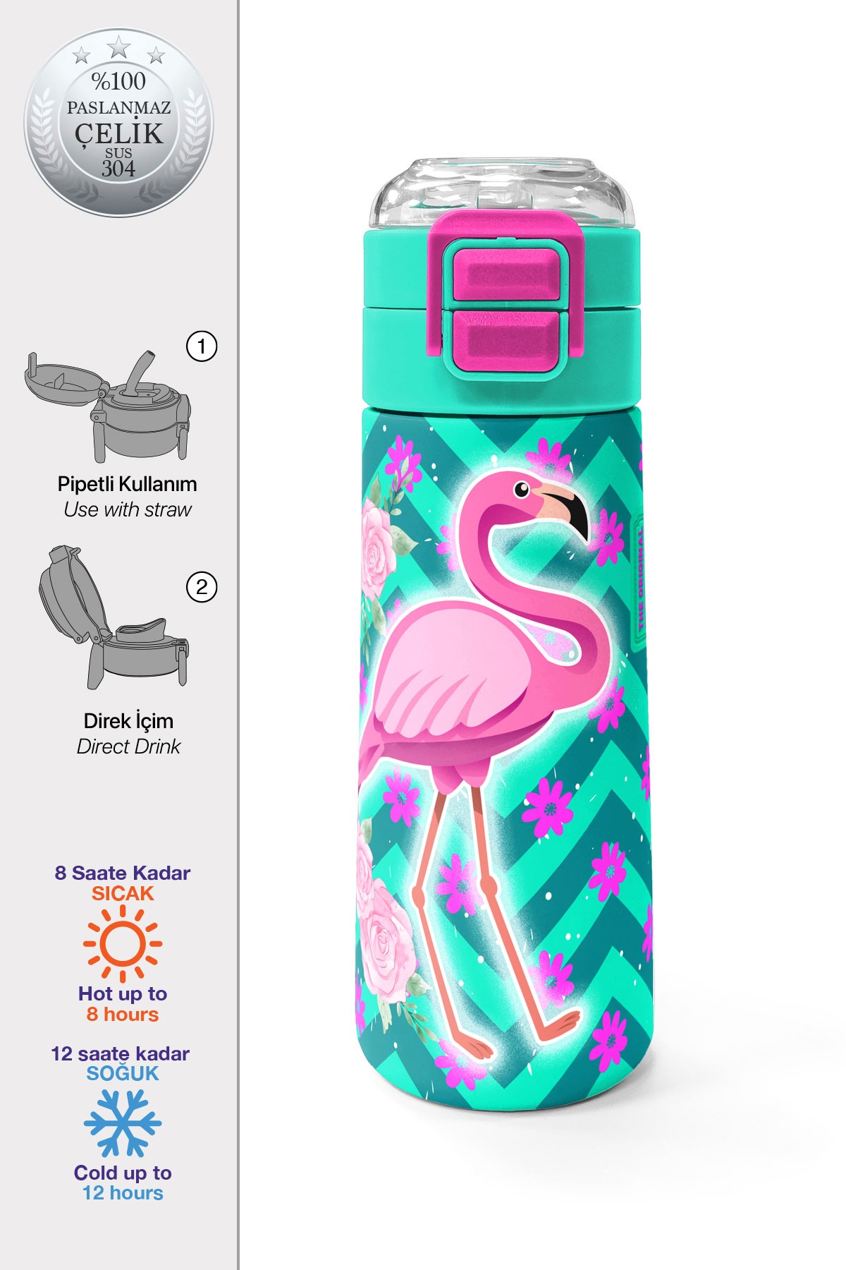 Coral High Kids Su Yeşili Pembe Flamingo Desenli Pipetli ve Direkt İçim Çelik Termos 500 ml 31820