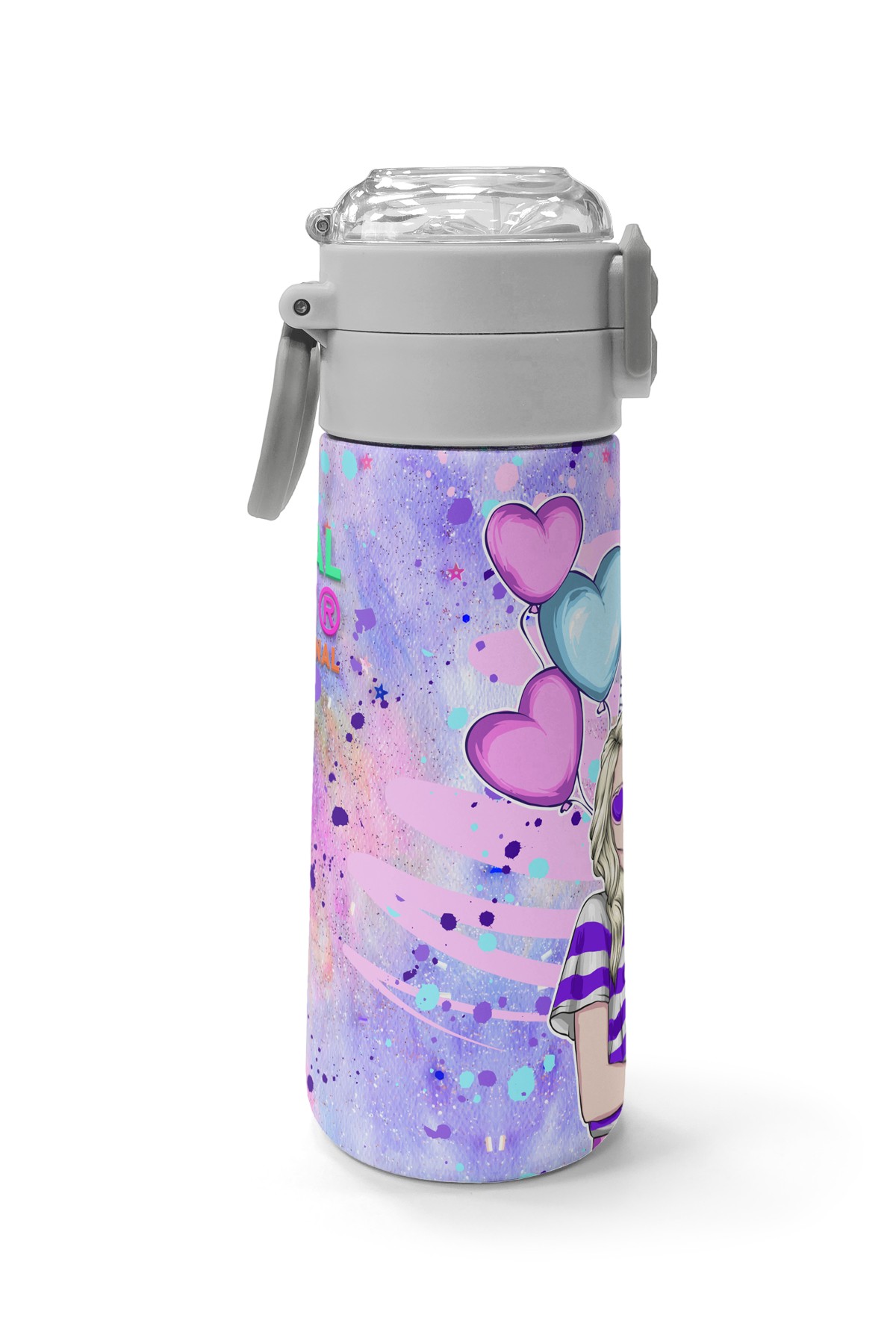 Coral High Kids Pembe Mor Fashion Girl Desenli Pipetli ve Direkt İçim Çelik Termos 500 ml 31956