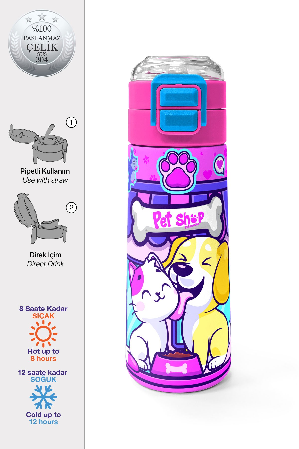 Coral High Kids Kedi Köpek Desenli Pipetli ve Direkt İçim Çelik Termos 500 ml 31810