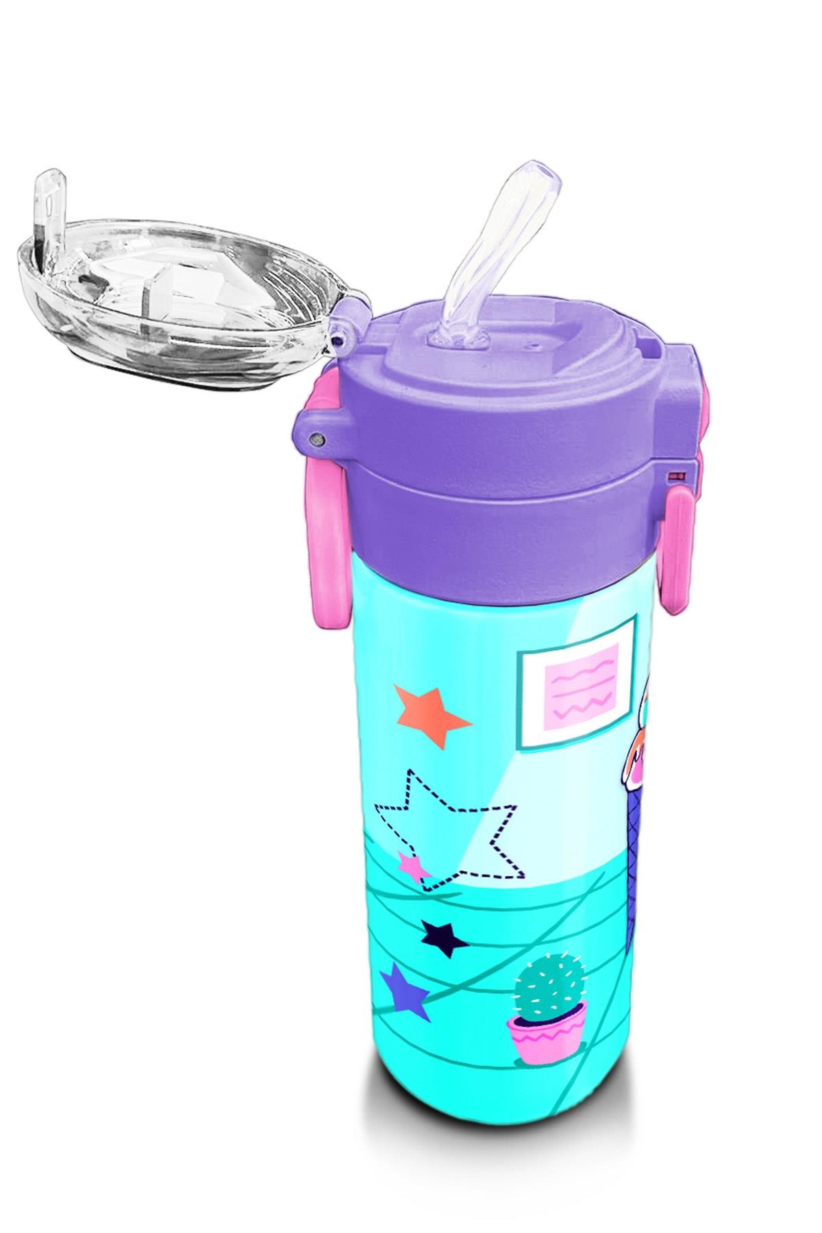 Coral High Kids Turkuaz Pembe Dondurmalı Desenli Pipetli ve Direkt İçim Çelik Termos 500 ml 31952