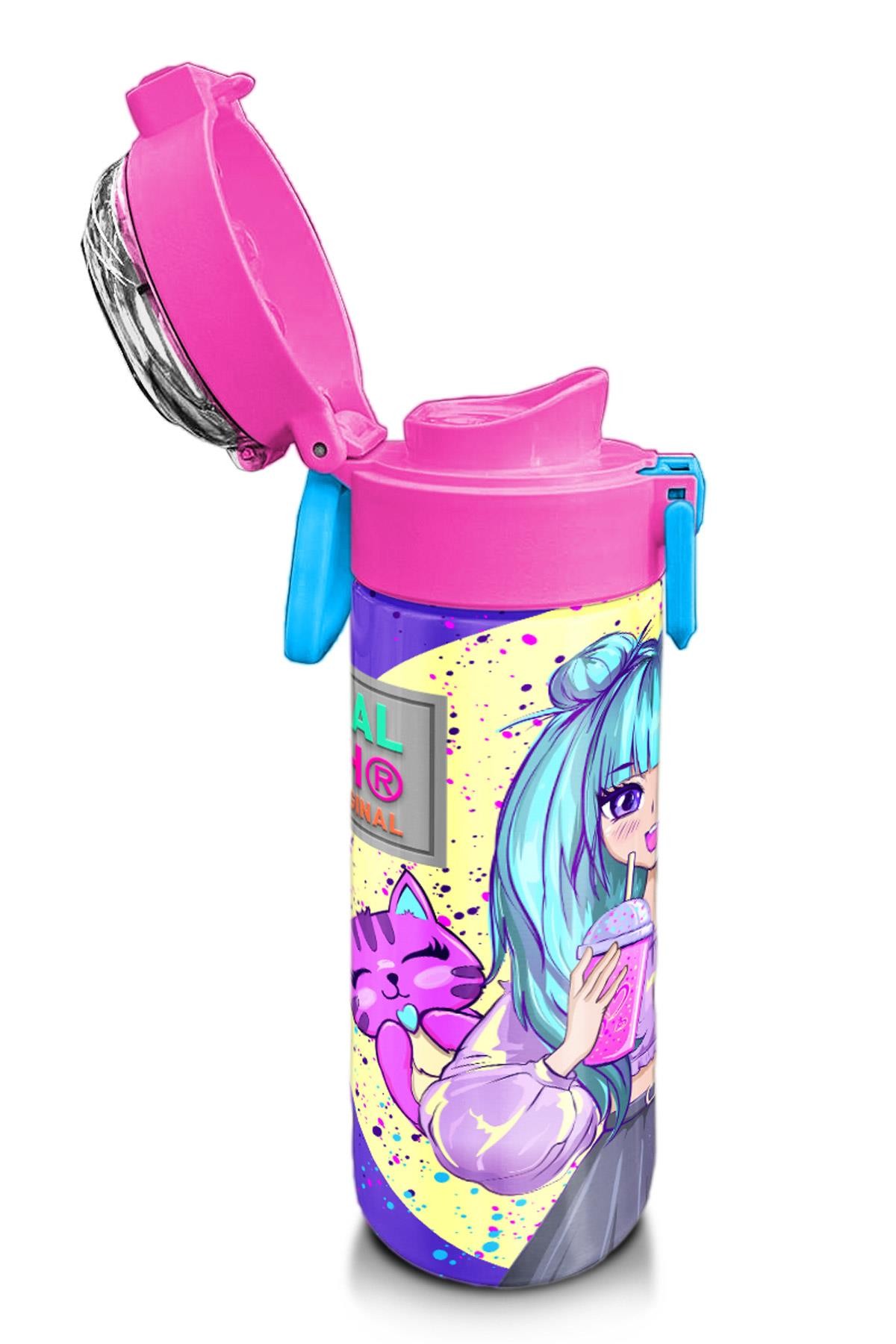 Coral High Kids Mor Pembe Anime Kız Desenli Pipetli ve Direkt İçim Çelik Termos 500 ml 31942