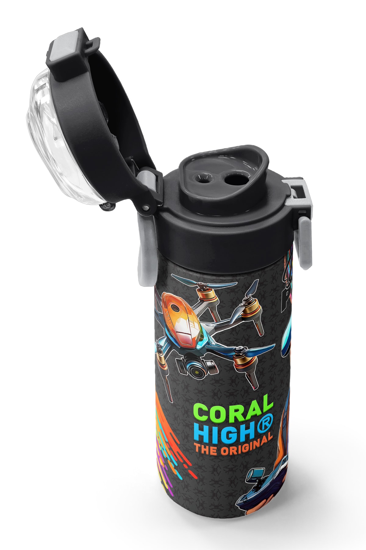 Coral High Kids Siyah Drone Pilot Desenli Pipetli ve Direkt İçim Çelik Termos 500 ml 31996