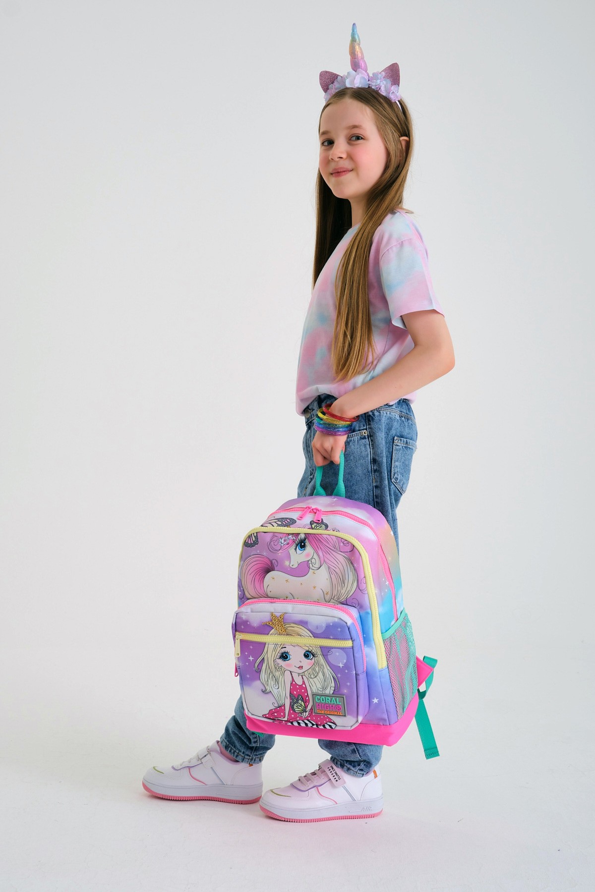 Coral High Kids Pembe Su Yeşili Unicornlu Kız Desenli Dört Bölmeli Okul Sırt Çantası 23733