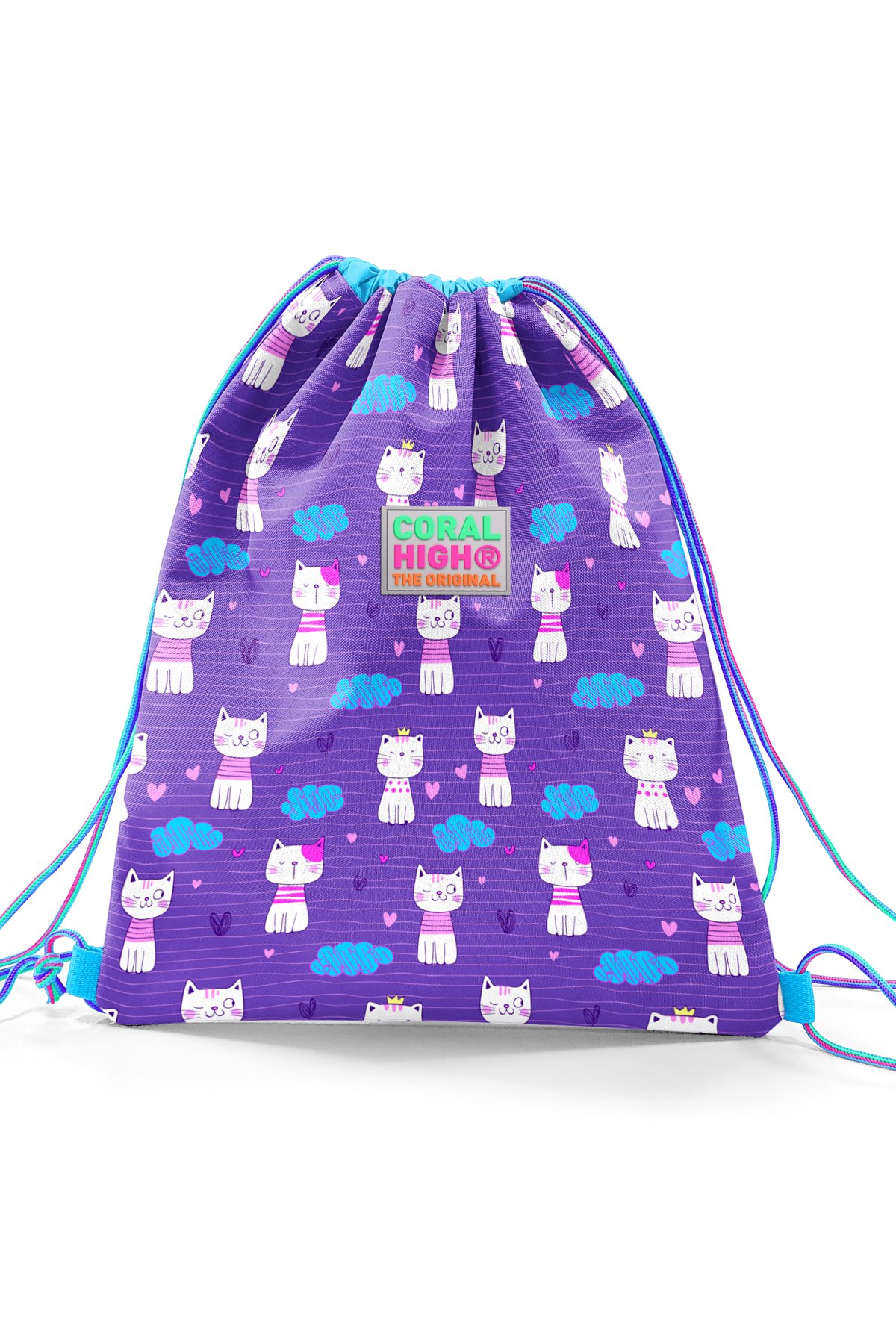 Coral High Kids Mor Pembe Kedi Desenli İpli Büzgülü Sır Çantası 22455