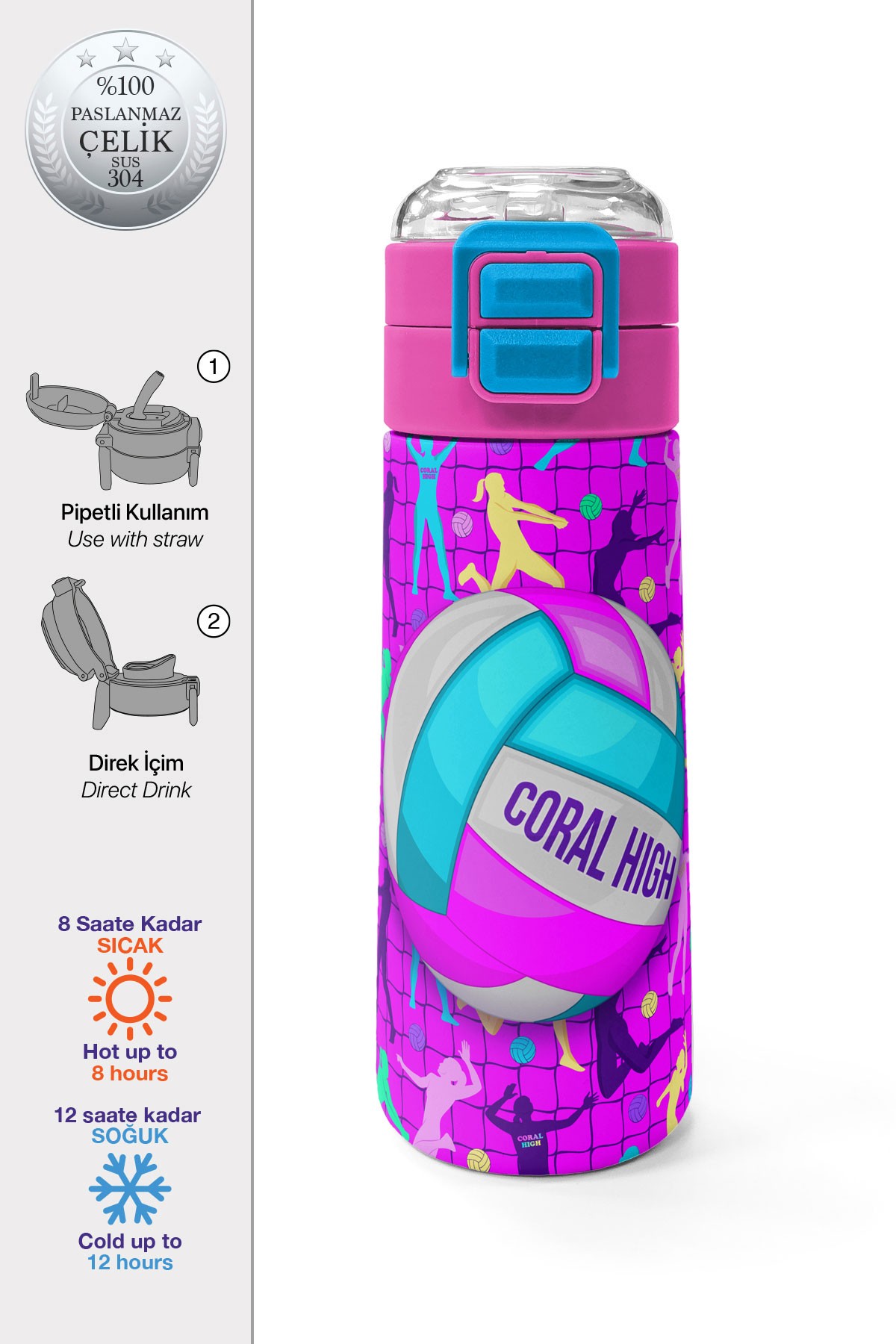 Coral High Kids Pembe Mor Voleybol Desenli Pipetli ve Direkt İçim Çelik Termos 500 ml 31962