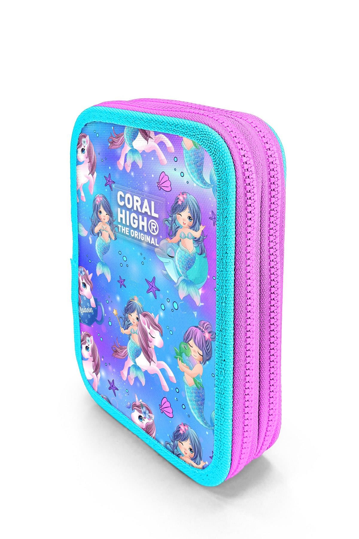 Coral High Kids Mor Pembe Unicorn Deniz Kızı Desenli Çift Katlı Kalem Çanta 11138