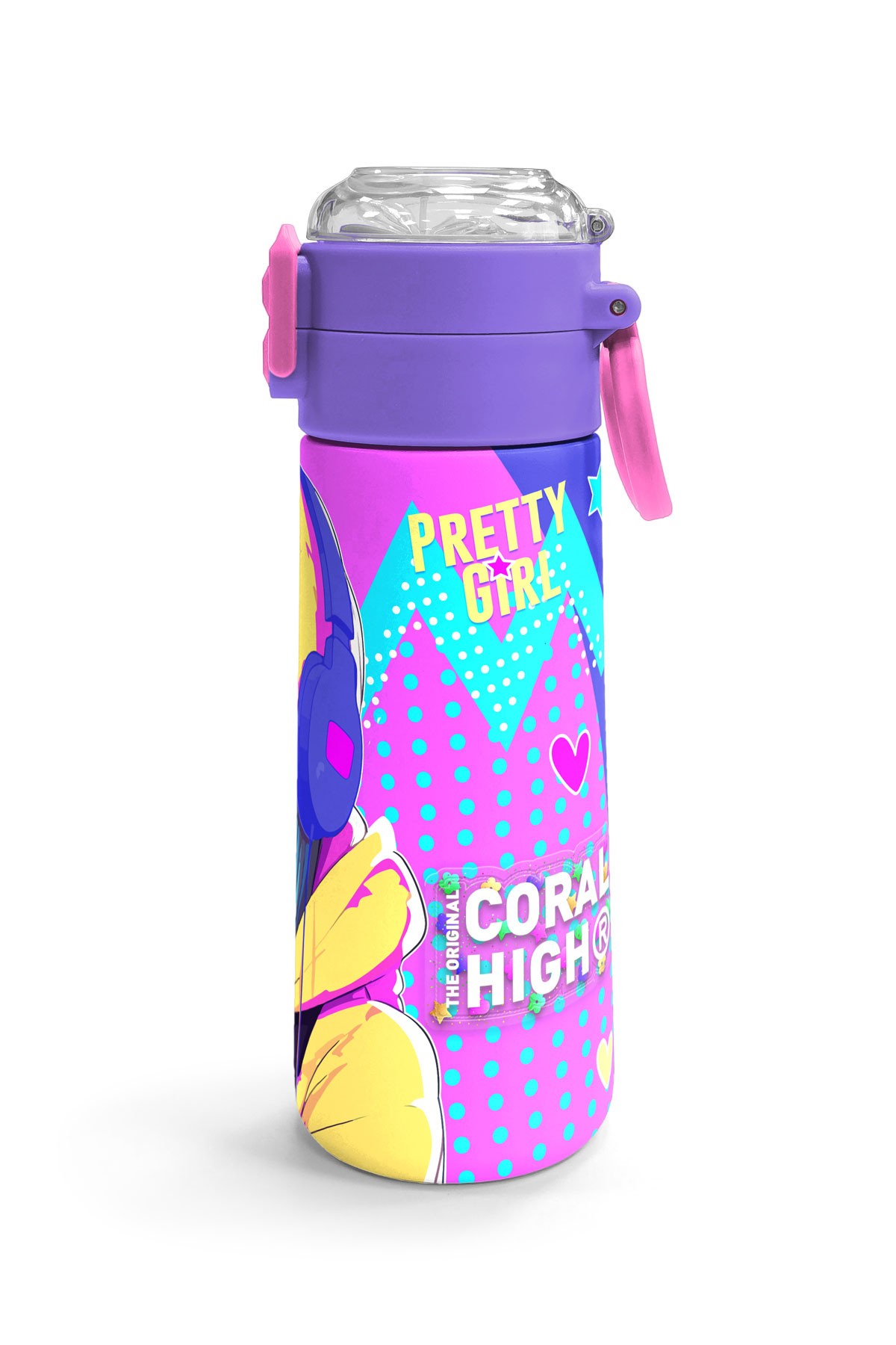 Coral High Kids Lavanta Turkuaz Kulaklı Kız Desenli Pipetli ve Direkt İçim Çelik Termos 500 ml 31835