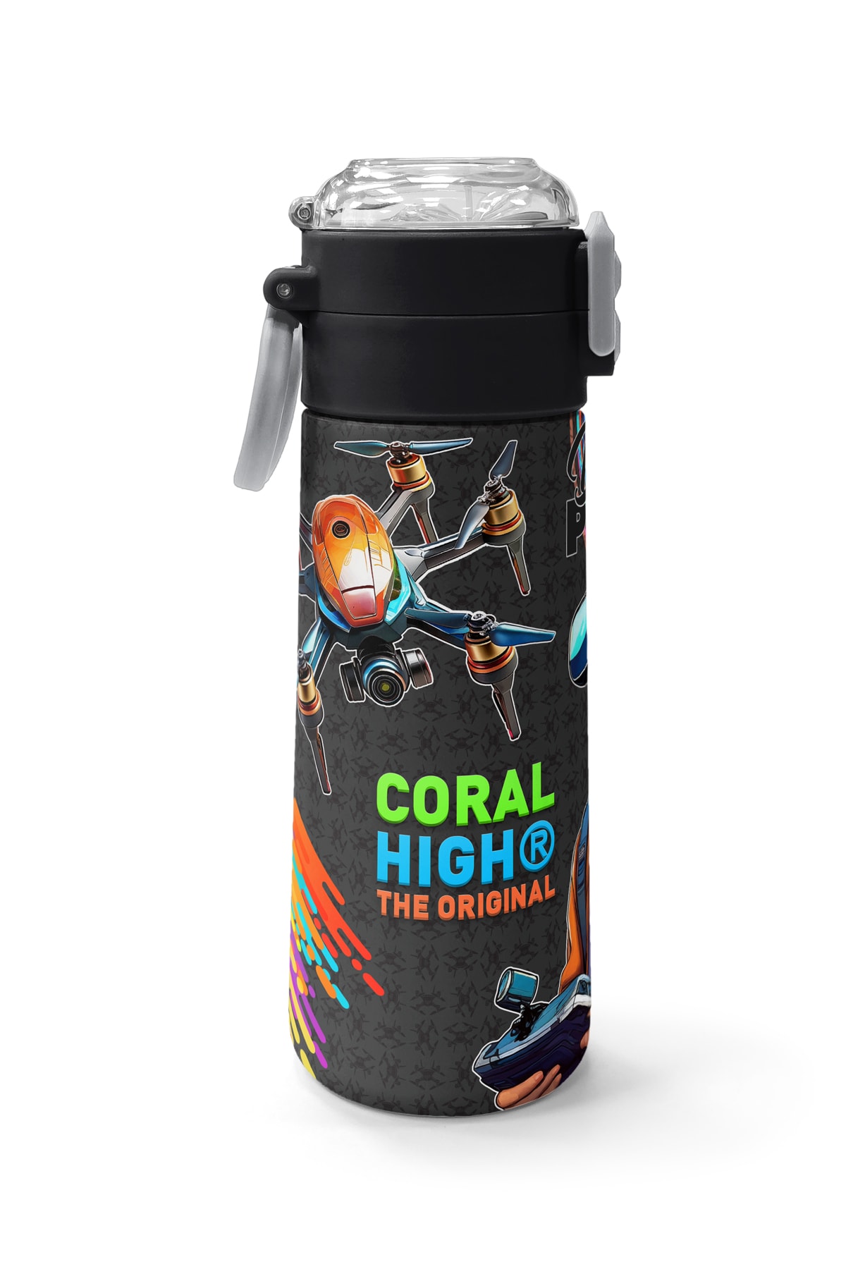 Coral High Kids Siyah Drone Pilot Desenli Pipetli ve Direkt İçim Çelik Termos 500 ml 31996