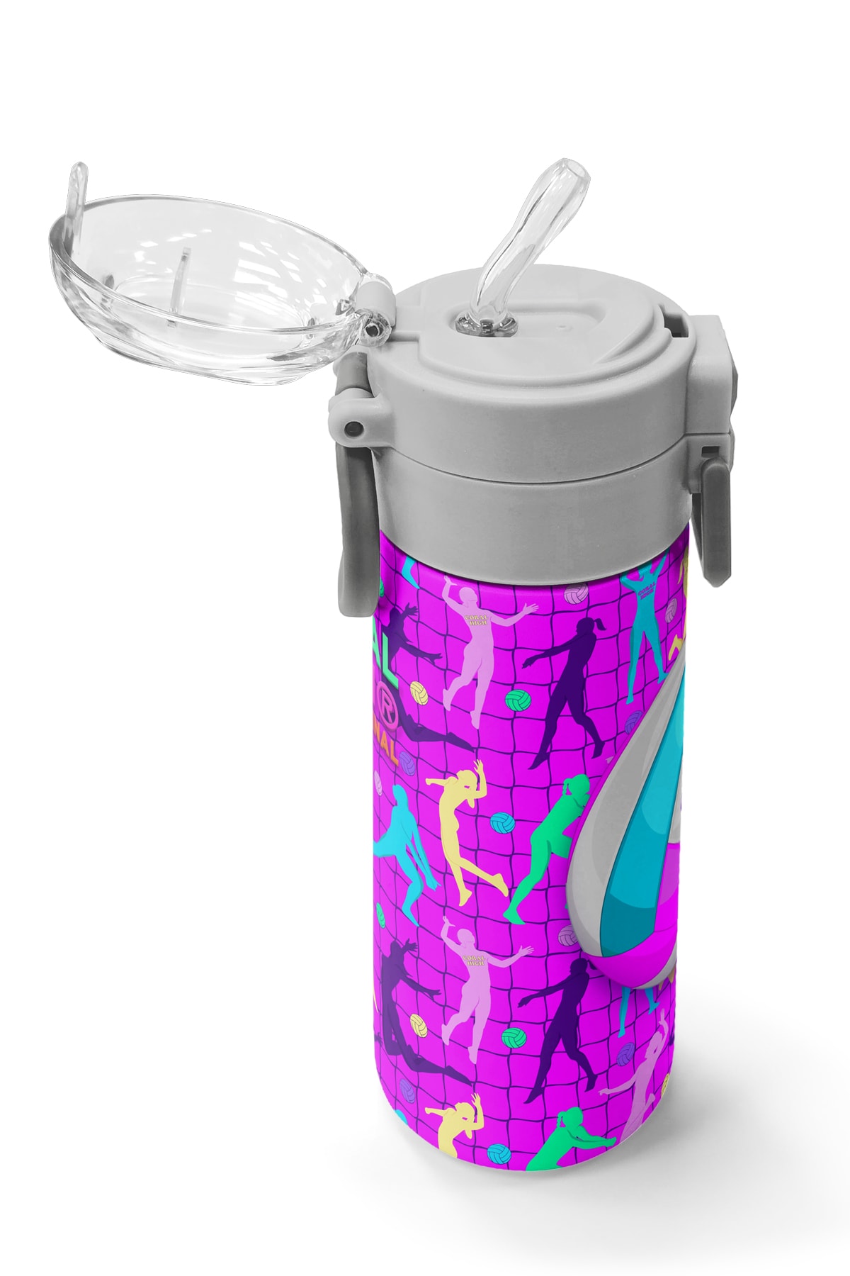 Coral High Kids Pembe Mor Voleybol Desenli Pipetli ve Direkt İçim Çelik Termos 500 ml 31962