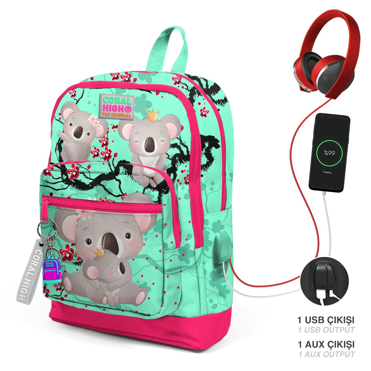 Coral High Kids  Su Yeşili Neon Mercan Koala Desenli Dört Bölmeli USB'li Okul Sırt Çantası  23813