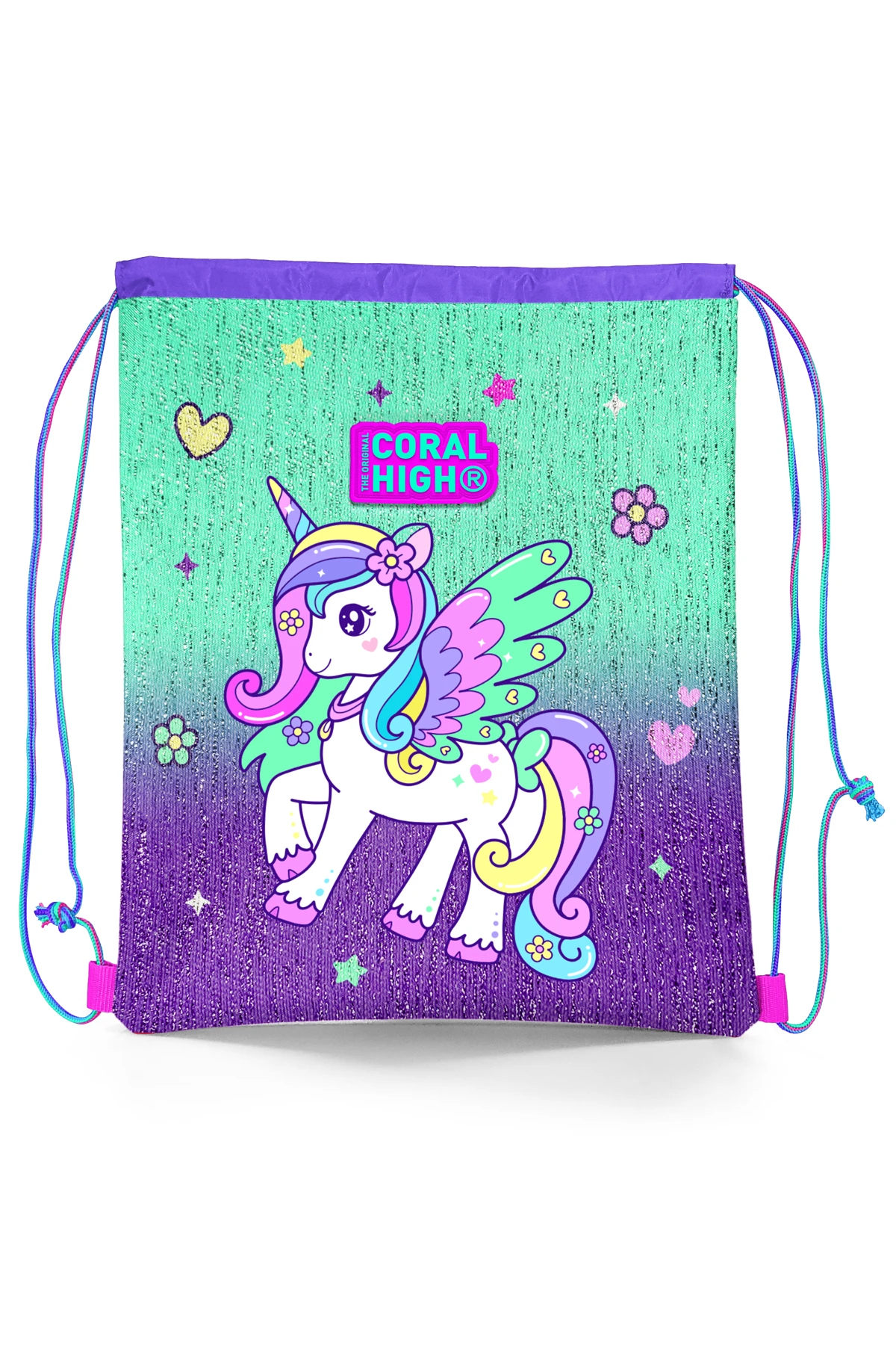 Coral High Kids Mor Su Yeşili Unicorn Desenli İpli Büzgülü Sırt Çantası 22691