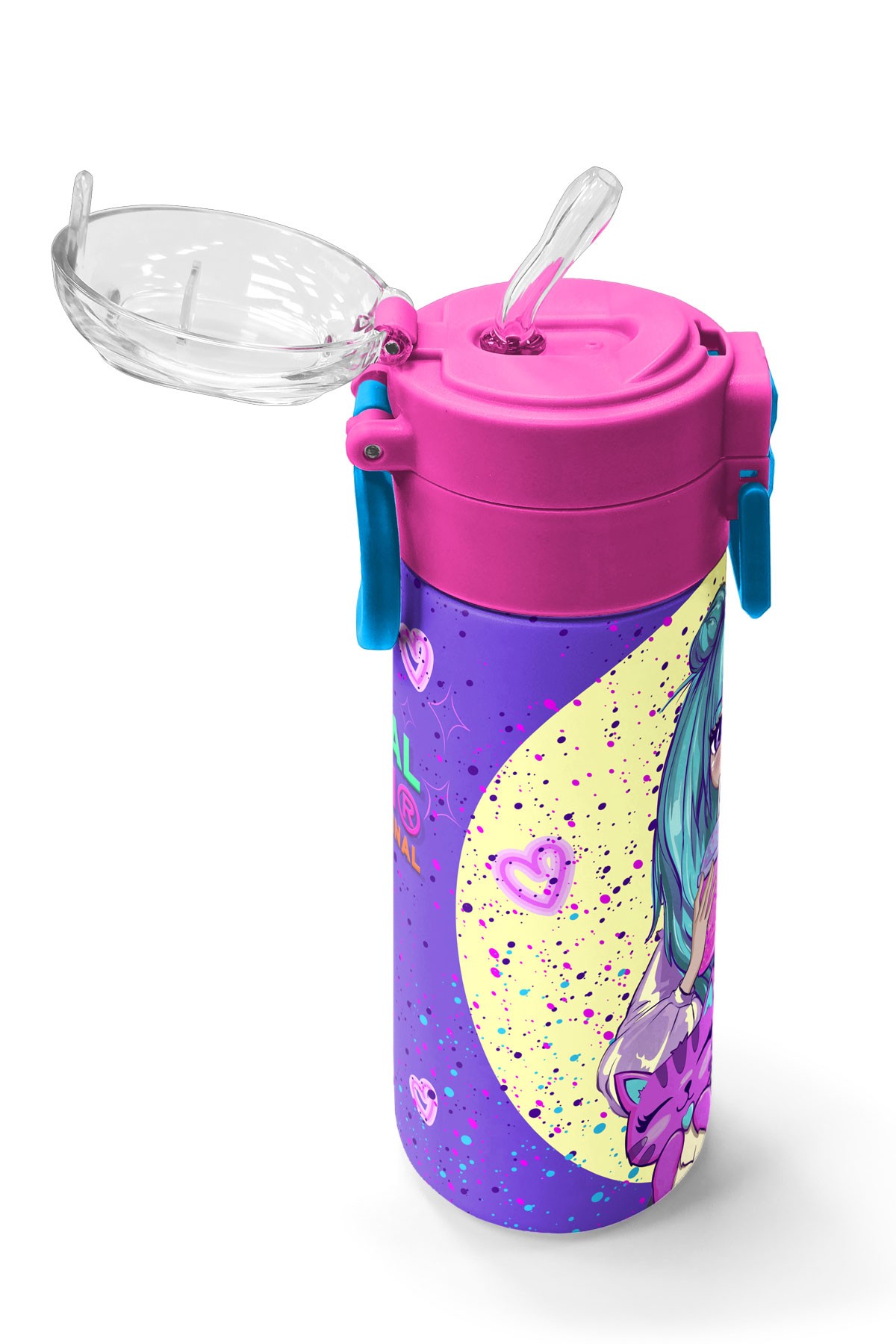 Coral High Kids Mor Pembe Anime Kız Desenli Pipetli ve Direkt İçim Çelik Termos 500 ml 31942