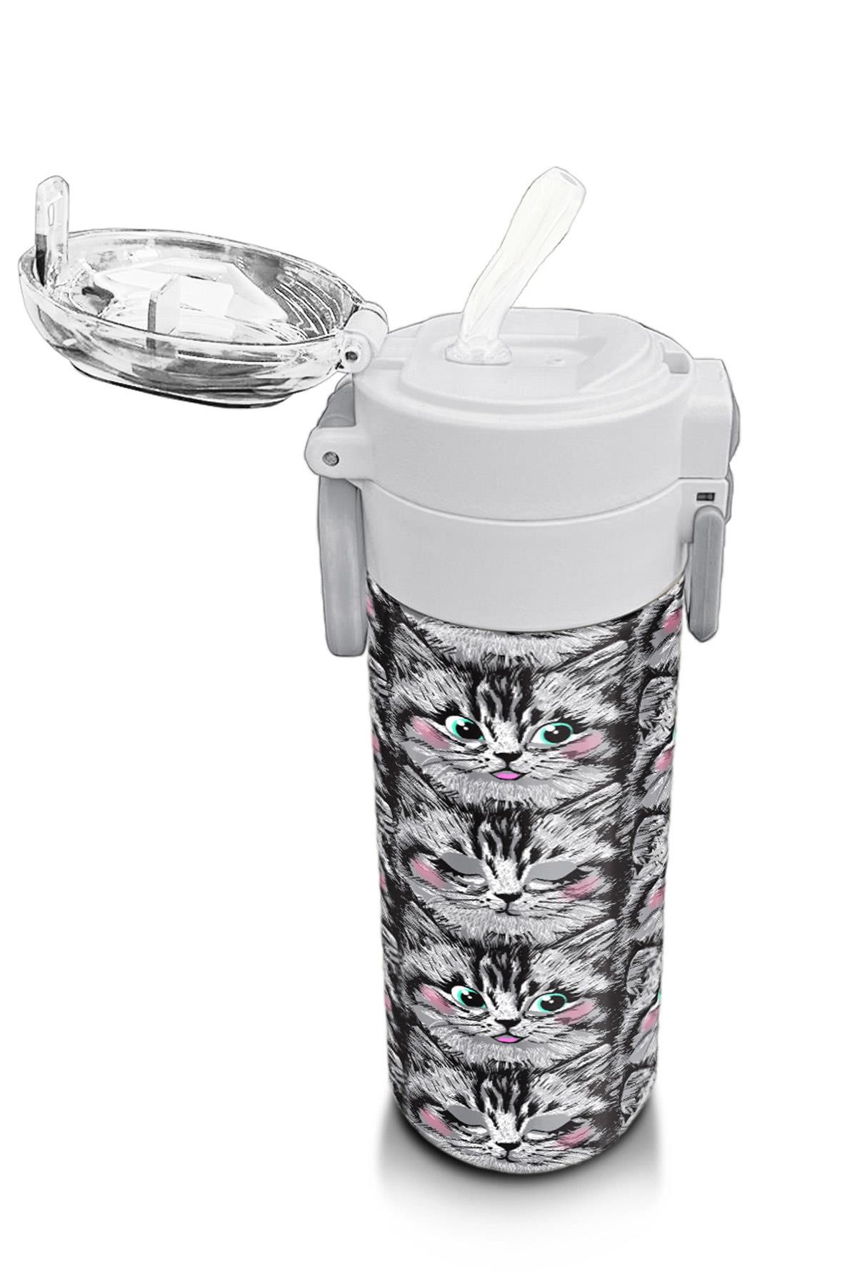 Coral High Kids Gri Kedi Desenli Pipetli ve Direkt İçim Çelik Termos 500 ml 31851