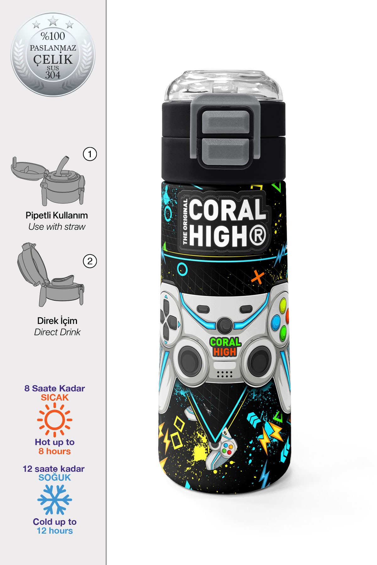 Coral High Kids Siyah Fosforlu Yeşil Gamer Desenli Pipetli ve Direkt İçim Çelik Termos 500 ml 31817