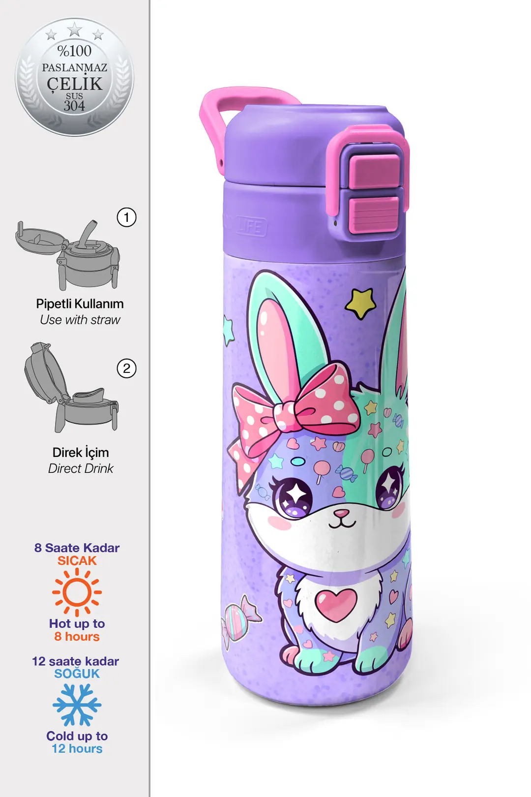 Coral High Kids Milka Water Green Rabbit Patterned Steel Thermos