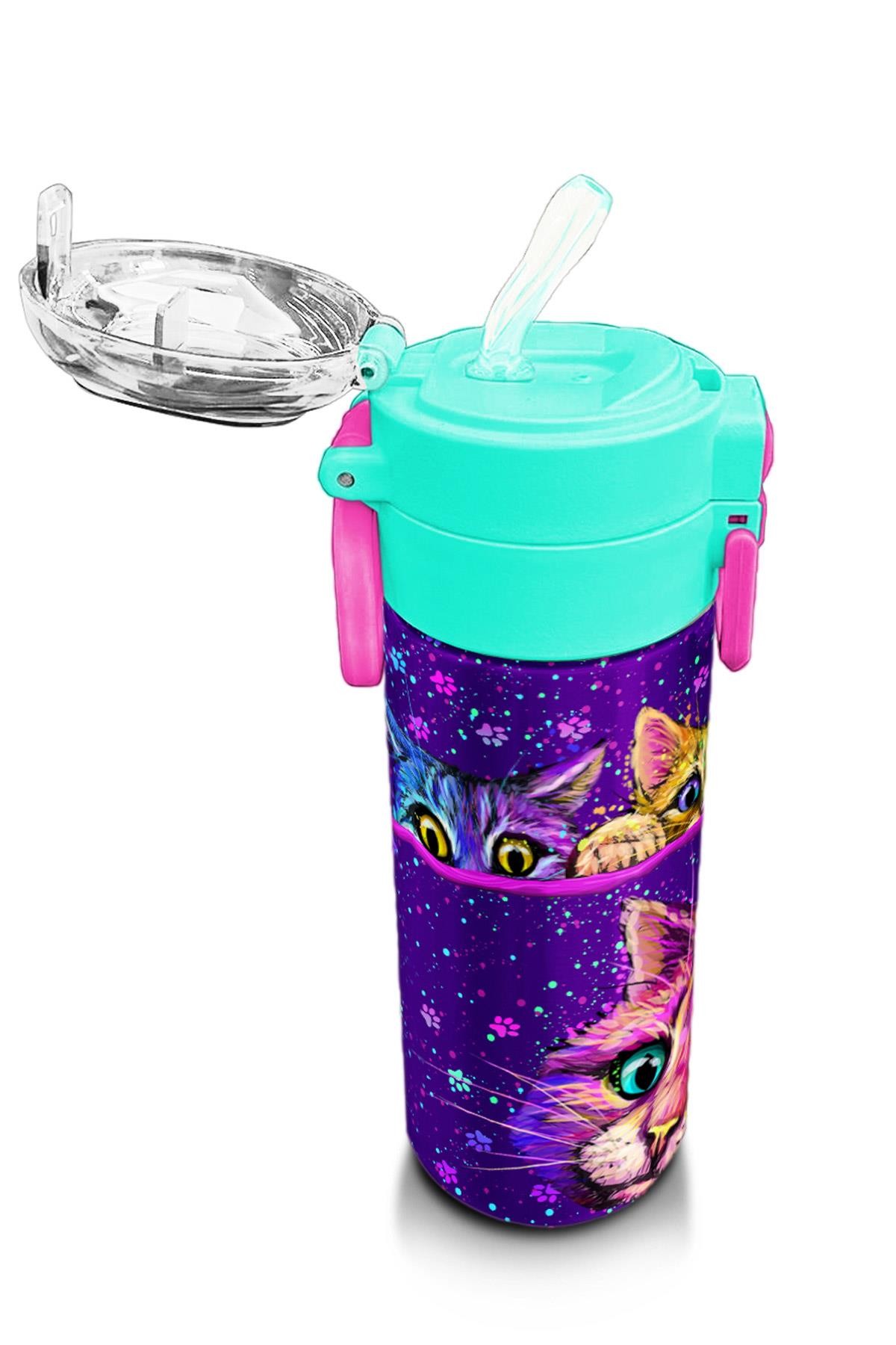 Coral High Kids Mor Pembe Kedi Desenli Pipetli ve Direkt İçim Çelik Termos 500 ml 31939