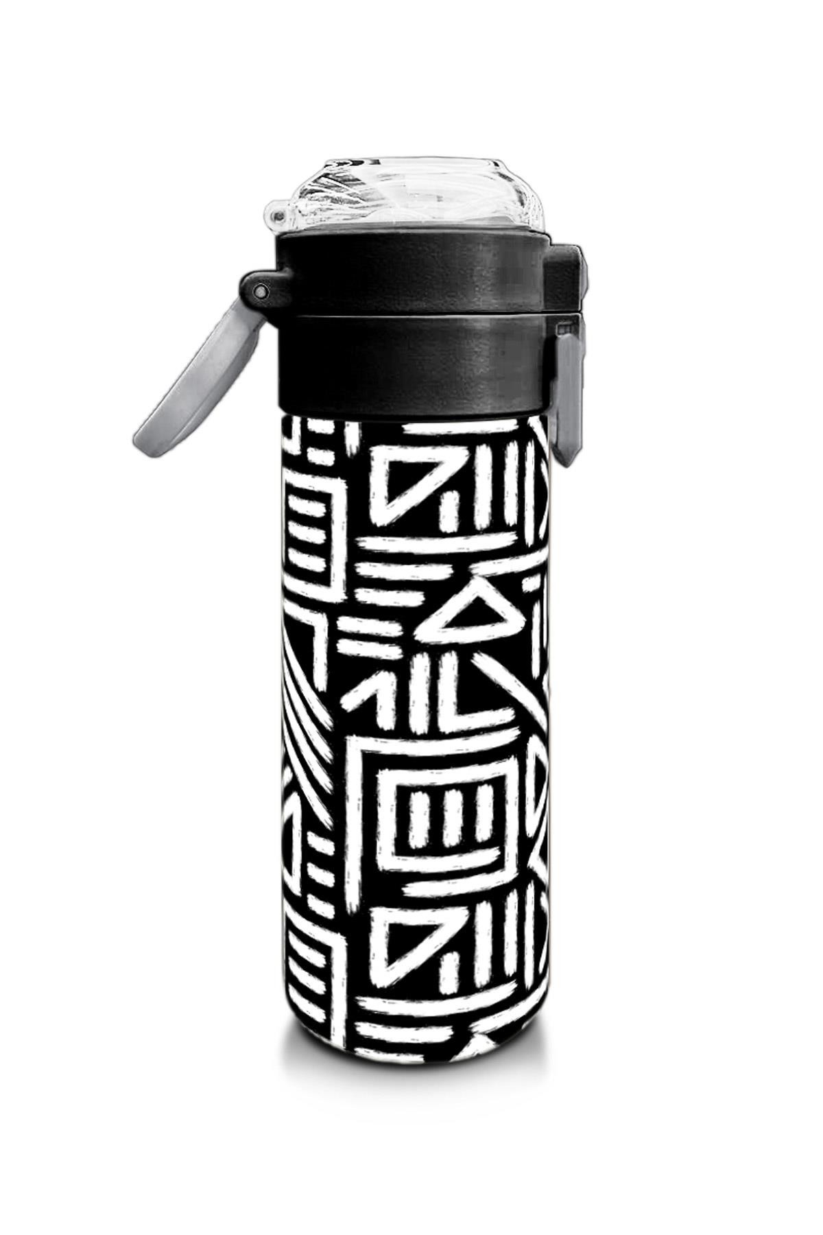Coral High Kids Siyah Beyaz Geometrik Desenli Pipetli ve Direkt İçim Çelik Termos 500 ml 31882